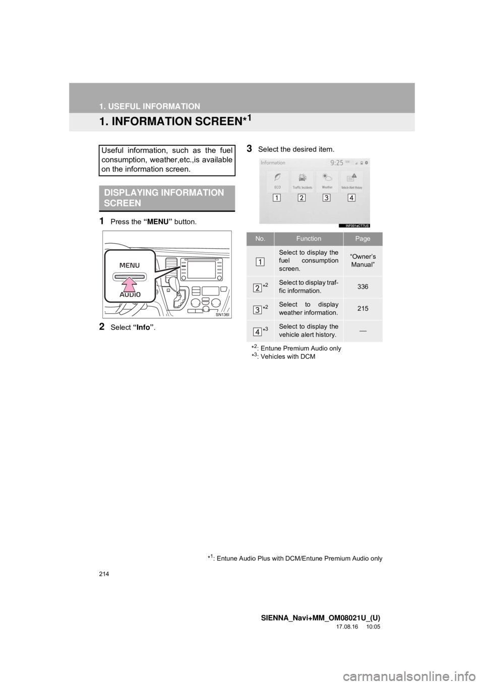 TOYOTA SIENNA 2018 Accessories, Audio & Navigation (in English) 214
SIENNA_Navi+MM_OM08021U_(U)
17.08.16 10:05
1. USEFUL INFORMATION
1. INFORMATION SCREEN*1
1Press the “MENU” button.
2Select “Info”.
3Select the desired item.Useful information, such as TOYOTA SIENNA 2018 Accessories, Audio & Navigation (in English) 214
SIENNA_Navi+MM_OM08021U_(U)
17.08.16 10:05
1. USEFUL INFORMATION
1. INFORMATION SCREEN*1
1Press the “MENU” button.
2Select “Info”.
3Select the desired item.Useful information, such as