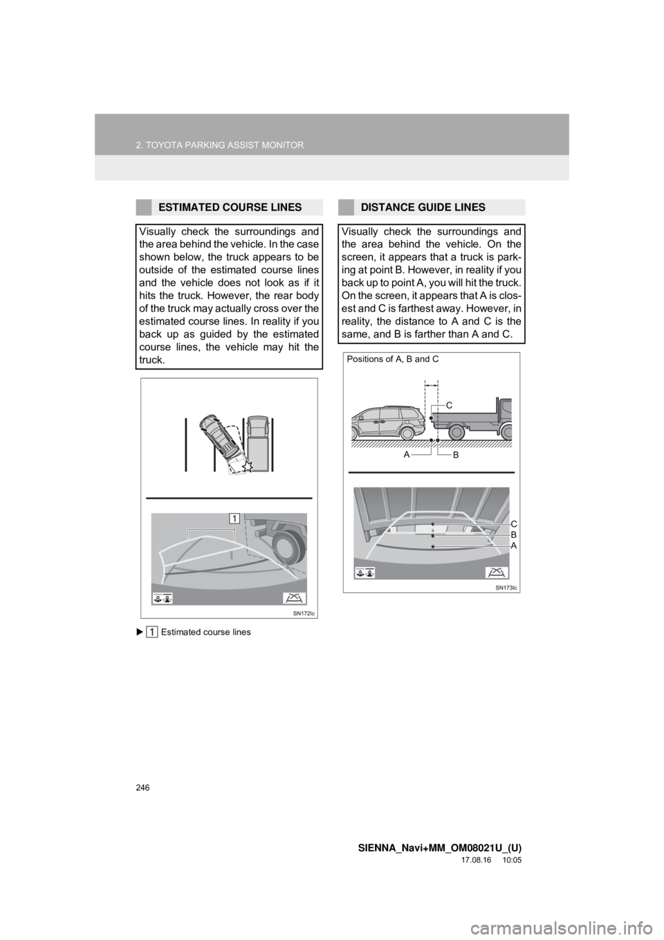 TOYOTA SIENNA 2018 Accessories, Audio & Navigation (in English) 246
2. TOYOTA PARKING ASSIST MONITOR
SIENNA_Navi+MM_OM08021U_(U)
17.08.16 10:05
Estimated course lines
ESTIMATED COURSE LINES
Visually check the surroundings and
the area behind the vehicle. In TOYOTA SIENNA 2018 Accessories, Audio & Navigation (in English) 246
2. TOYOTA PARKING ASSIST MONITOR
SIENNA_Navi+MM_OM08021U_(U)
17.08.16 10:05
Estimated course lines
ESTIMATED COURSE LINES
Visually check the surroundings and
the area behind the vehicle. In
