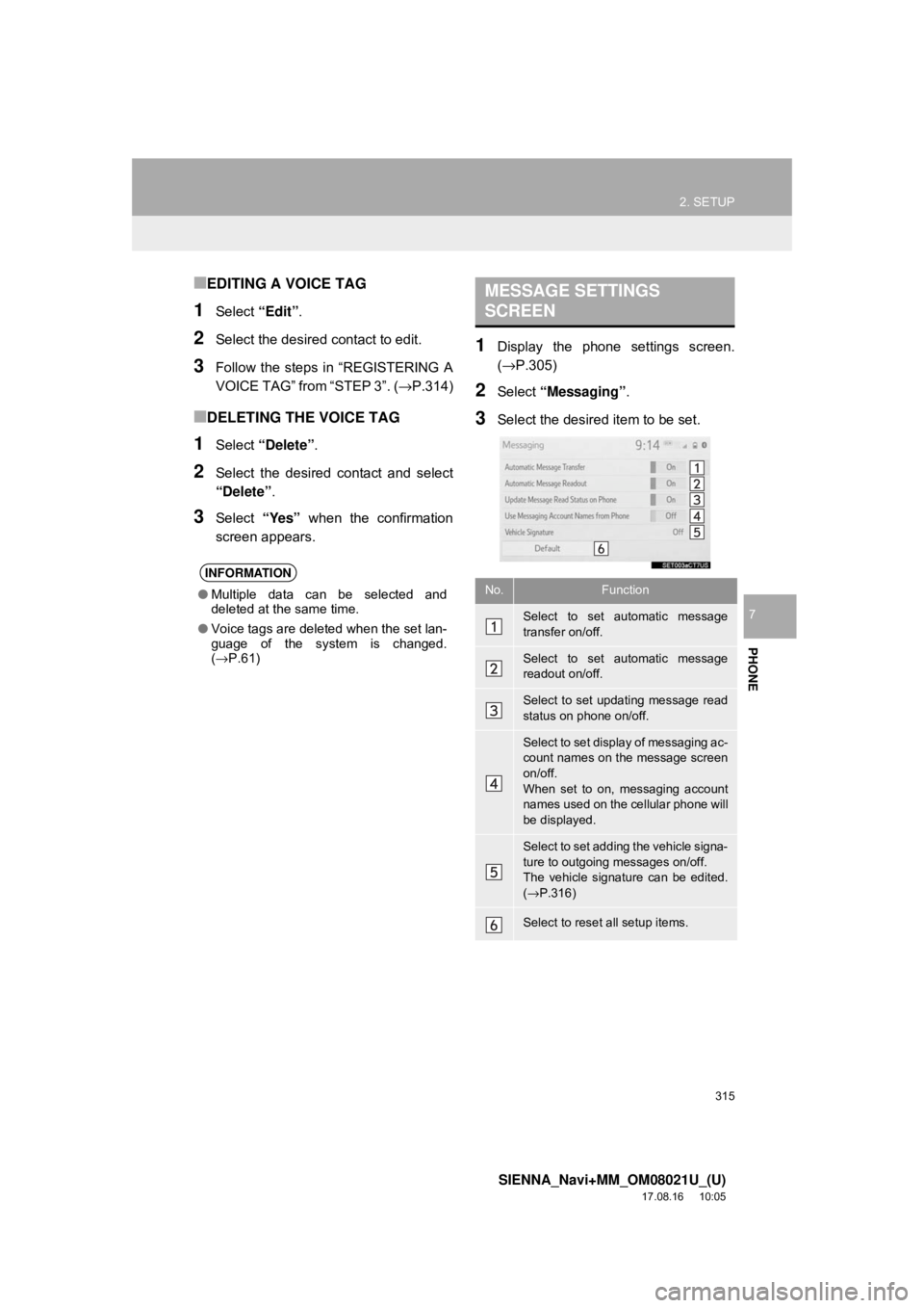 TOYOTA SIENNA 2018 Accessories, Audio & Navigation (in English) 315
2. SETUP
SIENNA_Navi+MM_OM08021U_(U)
17.08.16 10:05
PHONE
7
■EDITING A VOICE TAG
1Select “Edit”.
2Select the desired contact to edit.
3Follow the steps in “REGISTERING A
VOICE TAG” f TOYOTA SIENNA 2018 Accessories, Audio & Navigation (in English) 315
2. SETUP
SIENNA_Navi+MM_OM08021U_(U)
17.08.16 10:05
PHONE
7
■EDITING A VOICE TAG
1Select “Edit”.
2Select the desired contact to edit.
3Follow the steps in “REGISTERING A
VOICE TAG” f