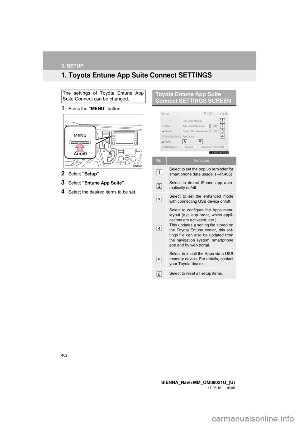 TOYOTA SIENNA 2018 Accessories, Audio & Navigation (in English) 402
SIENNA_Navi+MM_OM08021U_(U)
17.08.16 10:05
3. SETUP
1. Toyota Entune App Suite Connect SETTINGS
1Press the “MENU” button.
2Select “Setup” .
3Select “Entune App Suite” .
4Select the TOYOTA SIENNA 2018 Accessories, Audio & Navigation (in English) 402
SIENNA_Navi+MM_OM08021U_(U)
17.08.16 10:05
3. SETUP
1. Toyota Entune App Suite Connect SETTINGS
1Press the “MENU” button.
2Select “Setup” .
3Select “Entune App Suite” .
4Select the