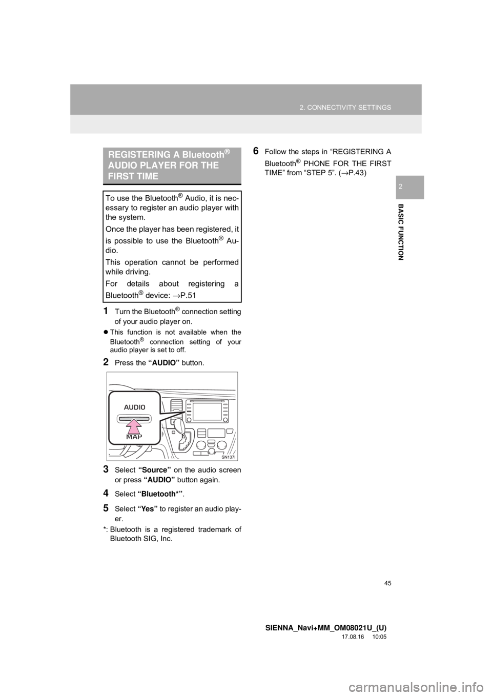 TOYOTA SIENNA 2018 Accessories, Audio & Navigation (in English) 45
2. CONNECTIVITY SETTINGS
SIENNA_Navi+MM_OM08021U_(U)
17.08.16 10:05
BASIC FUNCTION
2
1Turn the Bluetooth® connection setting
of your audio player on.
This function is not available when th TOYOTA SIENNA 2018 Accessories, Audio & Navigation (in English) 45
2. CONNECTIVITY SETTINGS
SIENNA_Navi+MM_OM08021U_(U)
17.08.16 10:05
BASIC FUNCTION
2
1Turn the Bluetooth® connection setting
of your audio player on.
This function is not available when th