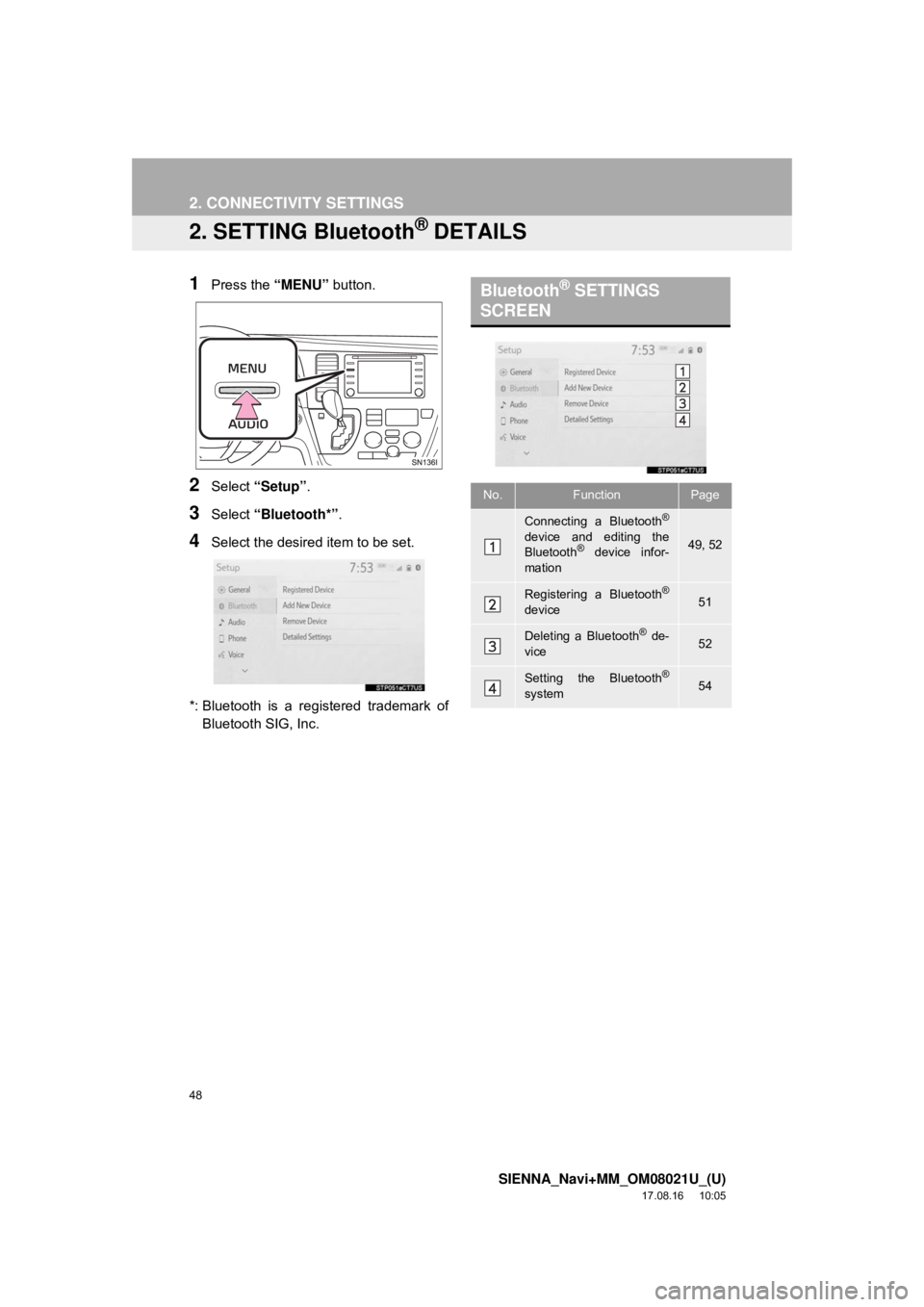 TOYOTA SIENNA 2018 Accessories, Audio & Navigation (in English) 48
2. CONNECTIVITY SETTINGS
SIENNA_Navi+MM_OM08021U_(U)
17.08.16 10:05
2. SETTING Bluetooth® DETAILS
1Press the “MENU” button.
2Select “Setup” .
3Select “Bluetooth*” .
4Select the des TOYOTA SIENNA 2018 Accessories, Audio & Navigation (in English) 48
2. CONNECTIVITY SETTINGS
SIENNA_Navi+MM_OM08021U_(U)
17.08.16 10:05
2. SETTING Bluetooth® DETAILS
1Press the “MENU” button.
2Select “Setup” .
3Select “Bluetooth*” .
4Select the des