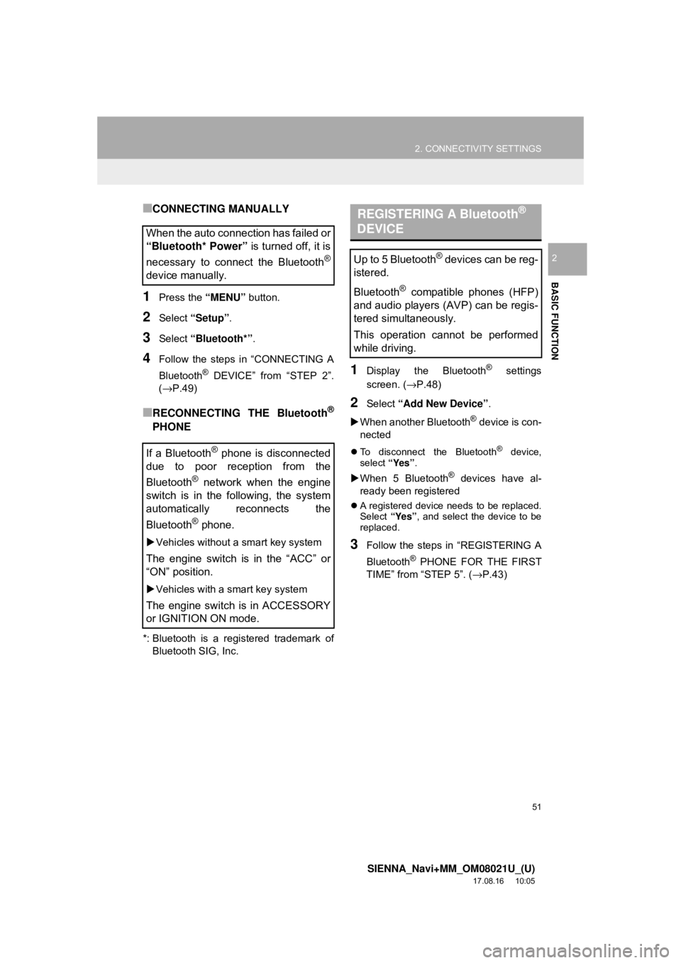 TOYOTA SIENNA 2018 Accessories, Audio & Navigation (in English) 51
2. CONNECTIVITY SETTINGS
SIENNA_Navi+MM_OM08021U_(U)
17.08.16 10:05
BASIC FUNCTION
2
■CONNECTING MANUALLY
1Press the “MENU” button.
2Select “Setup” .
3Select “Bluetooth*” .
4Foll TOYOTA SIENNA 2018 Accessories, Audio & Navigation (in English) 51
2. CONNECTIVITY SETTINGS
SIENNA_Navi+MM_OM08021U_(U)
17.08.16 10:05
BASIC FUNCTION
2
■CONNECTING MANUALLY
1Press the “MENU” button.
2Select “Setup” .
3Select “Bluetooth*” .
4Foll