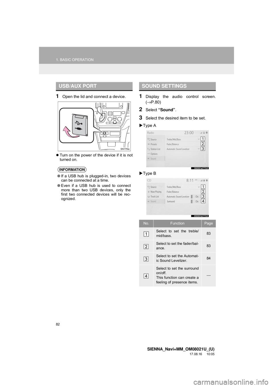 TOYOTA SIENNA 2018  Accessories, Audio & Navigation (in English) 82
1. BASIC OPERATION
SIENNA_Navi+MM_OM08021U_(U)
17.08.16     10:05
1Open the lid and connect a device.
Turn on the power of the device if it is not
turned on.
1Display the audio control screen.
(