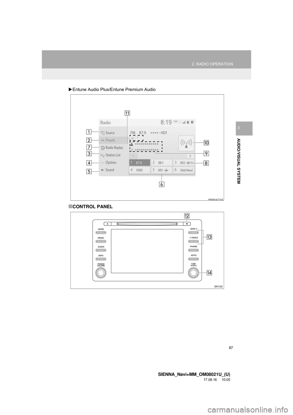 TOYOTA SIENNA 2018  Accessories, Audio & Navigation (in English) 87
2. RADIO OPERATION
SIENNA_Navi+MM_OM08021U_(U)
17.08.16     10:05
AUDIO/VISUAL SYSTEM
3
Entune Audio Plus/Entune Premium Audio
■CONTROL PANEL 