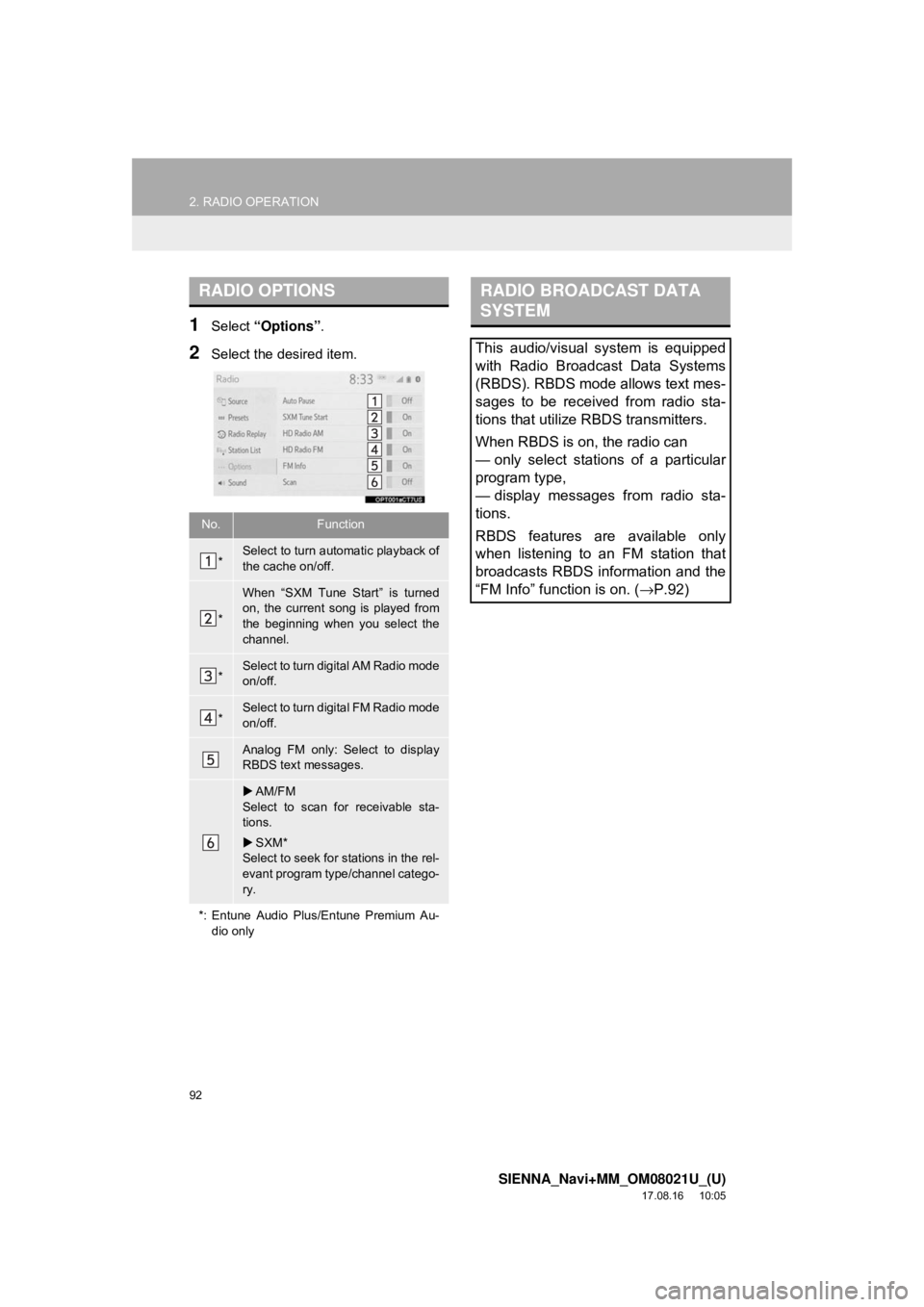TOYOTA SIENNA 2018 Accessories, Audio & Navigation (in English) 92
2. RADIO OPERATION
SIENNA_Navi+MM_OM08021U_(U)
17.08.16 10:05
1Select “Options”.
2Select the desired item.
RADIO OPTIONS
No.Function
*Select to turn automatic playback of
the cache on/off.
TOYOTA SIENNA 2018 Accessories, Audio & Navigation (in English) 92
2. RADIO OPERATION
SIENNA_Navi+MM_OM08021U_(U)
17.08.16 10:05
1Select “Options”.
2Select the desired item.
RADIO OPTIONS
No.Function
*Select to turn automatic playback of
the cache on/off.