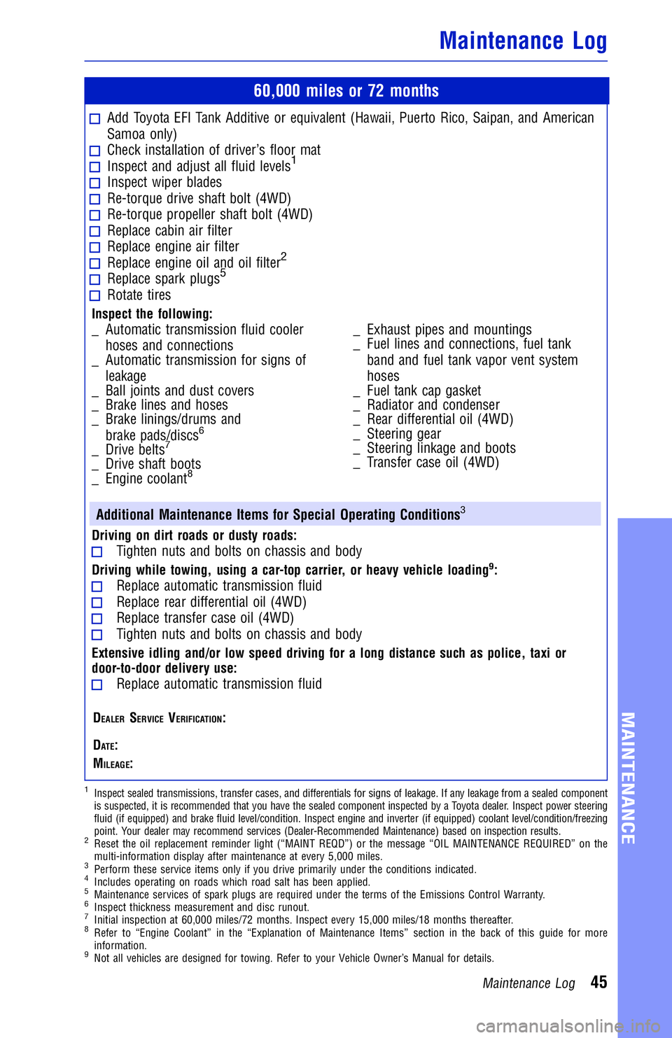 TOYOTA SIENNA 2018  Warranties & Maintenance Guides (in English) JOBNAME: 2878023-en-2018_Sien PAGE: 45 SESS: 4 OUTPUT: Mon Oct 2 15:08:00 2017
/InfoShareAuthorCODA/InfoShareAuthorCODA/TS_Warr_Maint/2878023-en-2018_S\
ienna.00505-18WMG-SIE_vX/TS_Warr_Maint_v1
60,00