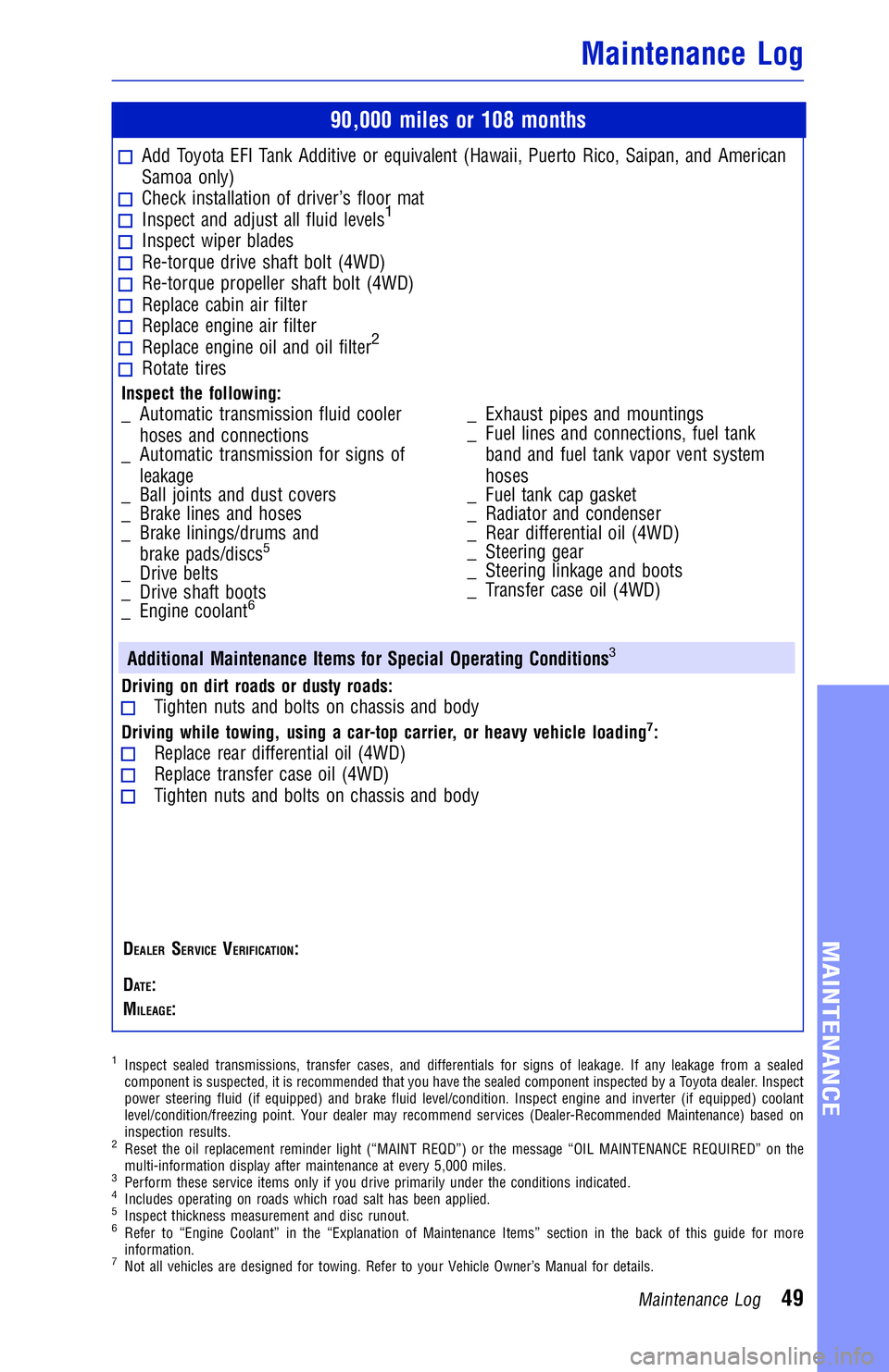 TOYOTA SIENNA 2018  Warranties & Maintenance Guides (in English) JOBNAME: 2878023-en-2018_Sien PAGE: 49 SESS: 4 OUTPUT: Mon Oct 2 15:08:00 2017
/InfoShareAuthorCODA/InfoShareAuthorCODA/TS_Warr_Maint/2878023-en-2018_S\
ienna.00505-18WMG-SIE_vX/TS_Warr_Maint_v1
90,00