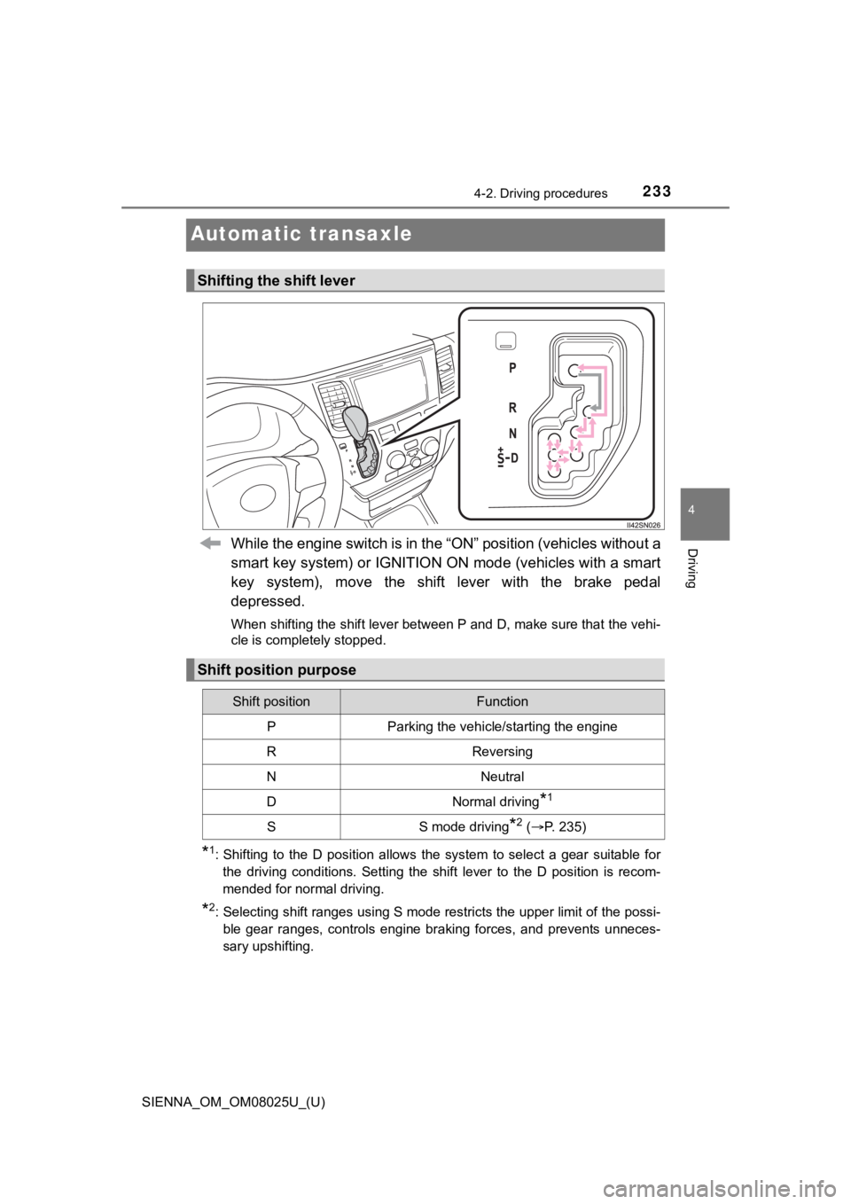TOYOTA SIENNA 2019 Owners Manual (in English) 233
SIENNA_OM_OM08025U_(U)
4-2. Driving procedures
4
Driving
Automatic transaxle
While the engine switch is in the “ON” position (vehicles without a
smart key system) or IGNITION ON mode (vehicles TOYOTA SIENNA 2019 Owners Manual (in English) 233
SIENNA_OM_OM08025U_(U)
4-2. Driving procedures
4
Driving
Automatic transaxle
While the engine switch is in the “ON” position (vehicles without a
smart key system) or IGNITION ON mode (vehicles