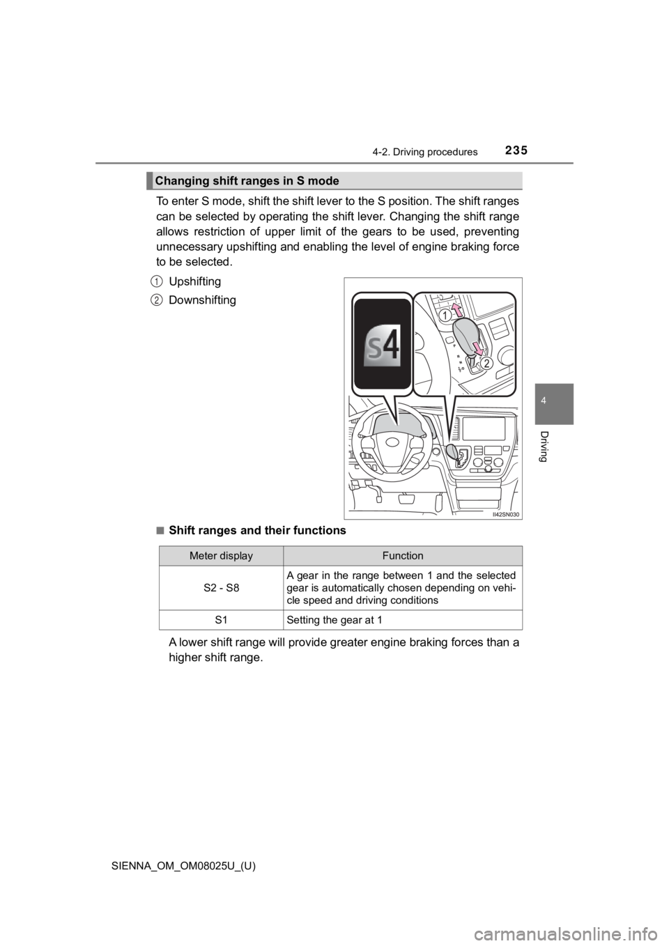 TOYOTA SIENNA 2019 Owners Manual (in English) SIENNA_OM_OM08025U_(U)
2354-2. Driving procedures
4
Driving
To enter S mode, shift the shift lever to the S position. The shift ranges
can be selected by operating the shift lever. Changing the shif t TOYOTA SIENNA 2019 Owners Manual (in English) SIENNA_OM_OM08025U_(U)
2354-2. Driving procedures
4
Driving
To enter S mode, shift the shift lever to the S position. The shift ranges
can be selected by operating the shift lever. Changing the shif t