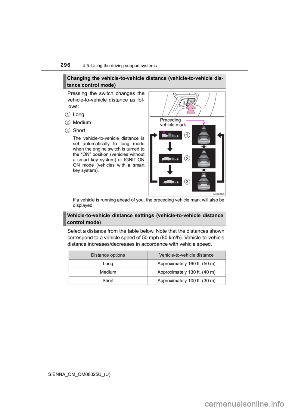 TOYOTA SIENNA 2019 Owners Manual (in English) 296
SIENNA_OM_OM08025U_(U)
4-5. Using the driving support systems
Pressing the switch changes the
vehicle-to-vehicle distance as fol-
lows:
Long
Medium
Short
The vehicle-to-vehicle distance TOYOTA SIENNA 2019 Owners Manual (in English) 296
SIENNA_OM_OM08025U_(U)
4-5. Using the driving support systems
Pressing the switch changes the
vehicle-to-vehicle distance as fol-
lows:
Long
Medium
Short
The vehicle-to-vehicle distance