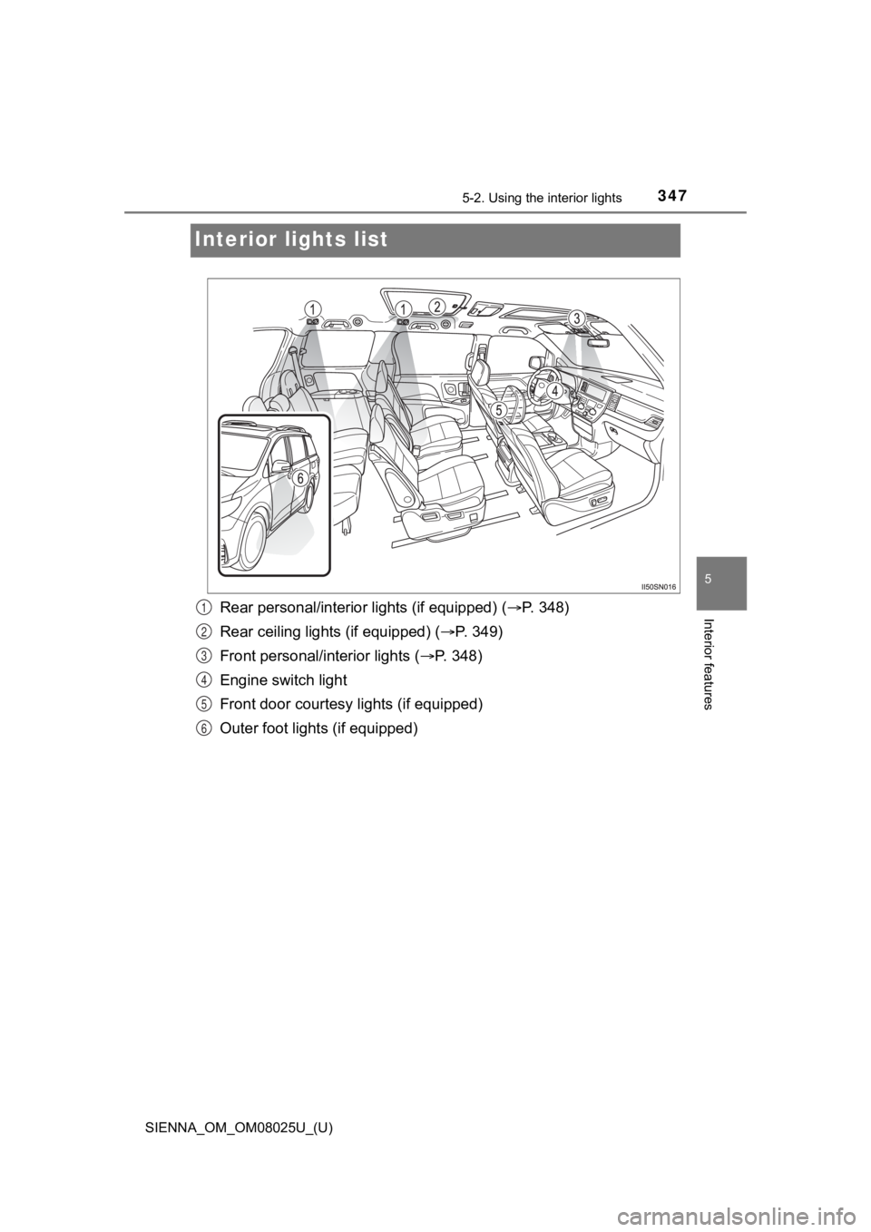 TOYOTA SIENNA 2019  Owners Manual (in English) 347
SIENNA_OM_OM08025U_(U)
5-2. Using the interior lights
5
Interior features
Interior lights list
Rear personal/interior lights (if equipped) ( P. 348)
Rear ceiling lights (if equipped) ( P.   