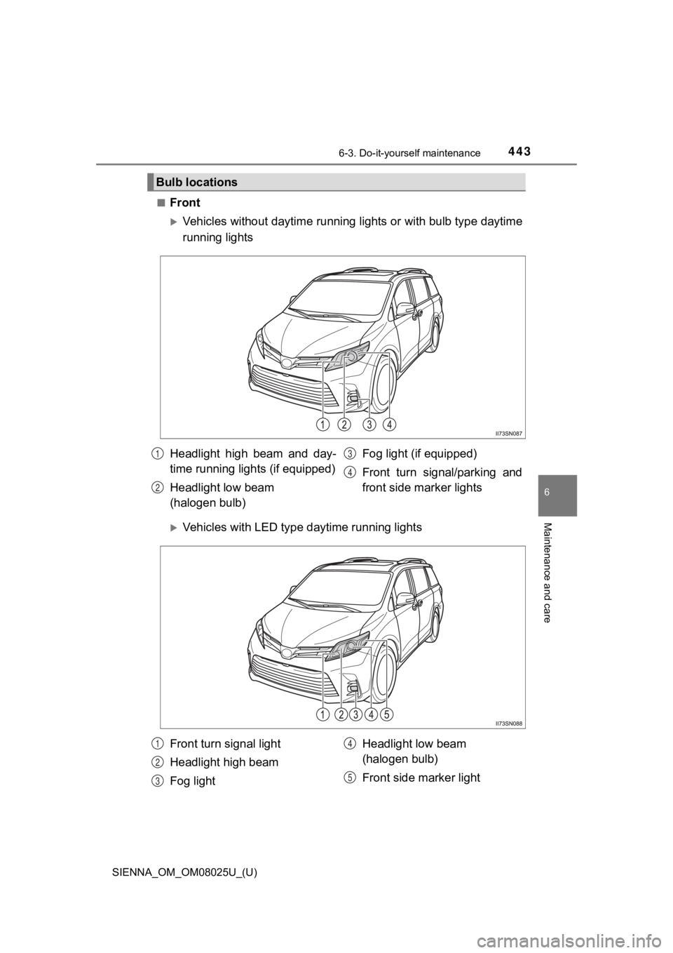 TOYOTA SIENNA 2019  Owners Manual (in English) SIENNA_OM_OM08025U_(U)
4436-3. Do-it-yourself maintenance
6
Maintenance and care
■Front
Vehicles without daytime running lights or with bulb type daytime
running lights
Vehicles with LED type 