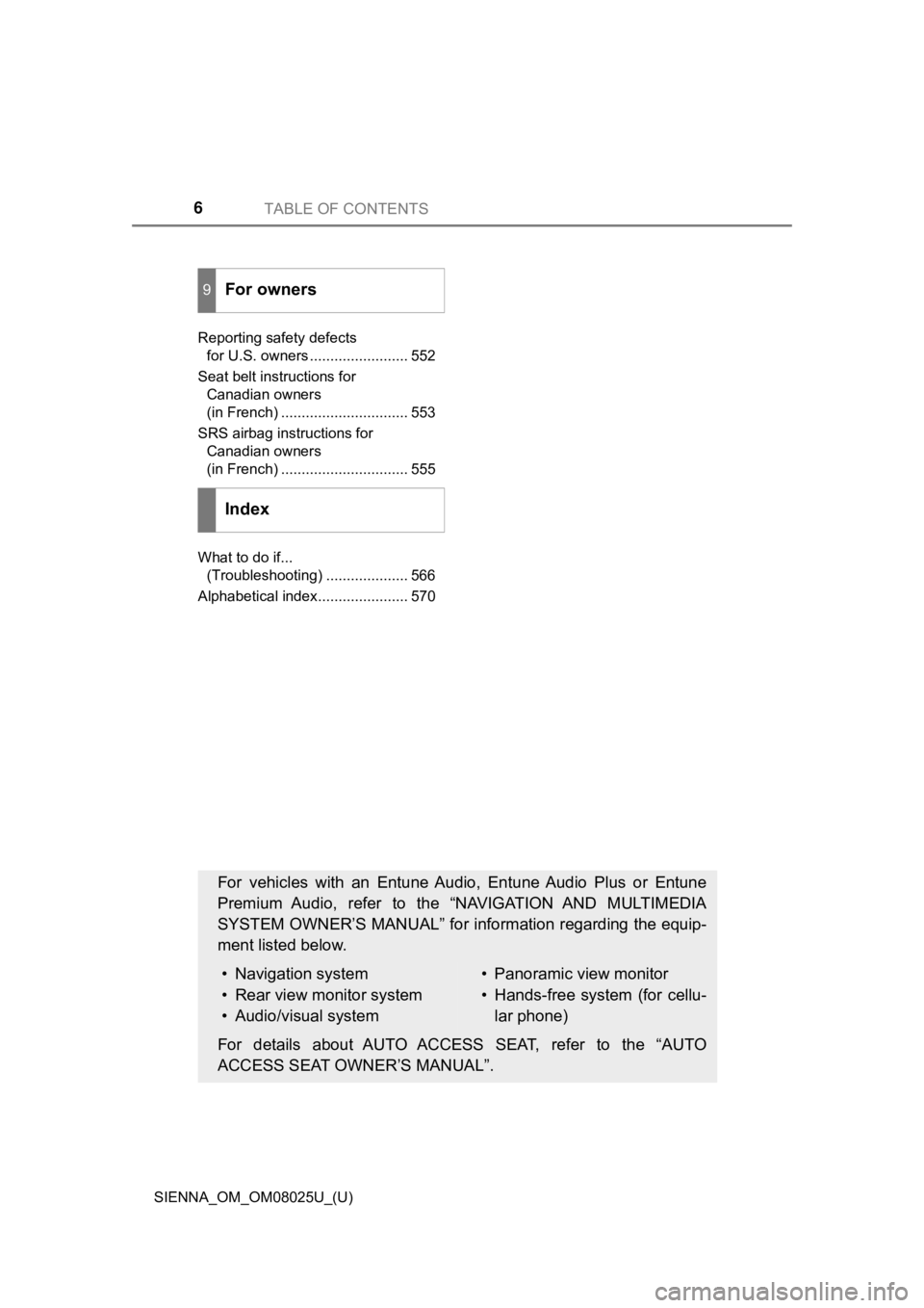 TOYOTA SIENNA 2019  Owners Manual (in English) TABLE OF CONTENTS6
SIENNA_OM_OM08025U_(U)Reporting safety defects 
for U.S. owners ........................ 552
Seat belt instructions for  Canadian owners 
(in French) ...............................