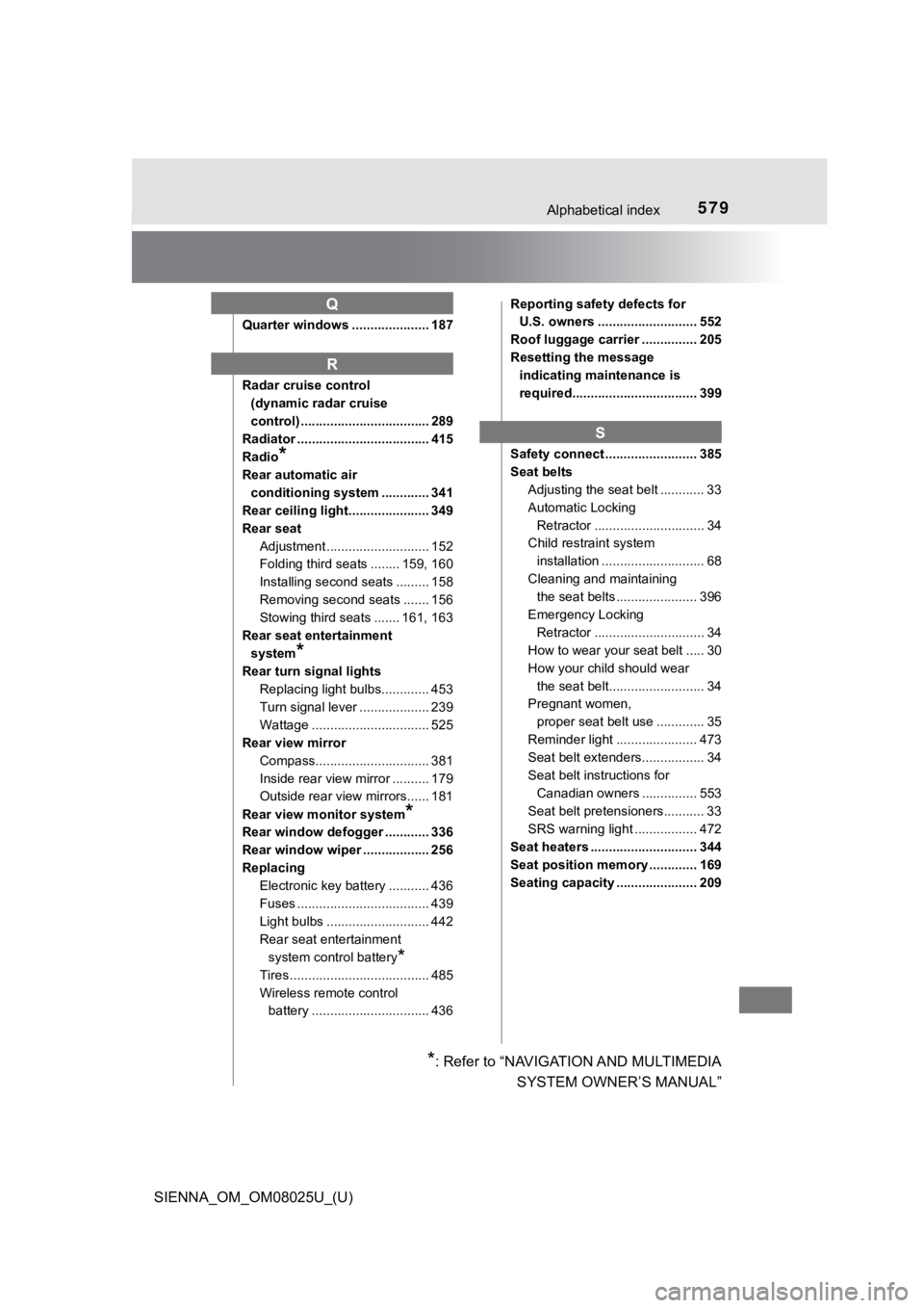 TOYOTA SIENNA 2019  Owners Manual (in English) 579Alphabetical index
SIENNA_OM_OM08025U_(U)
Quarter windows ..................... 187
Radar cruise control (dynamic radar cruise 
control) ................................... 289
Radiator ...........