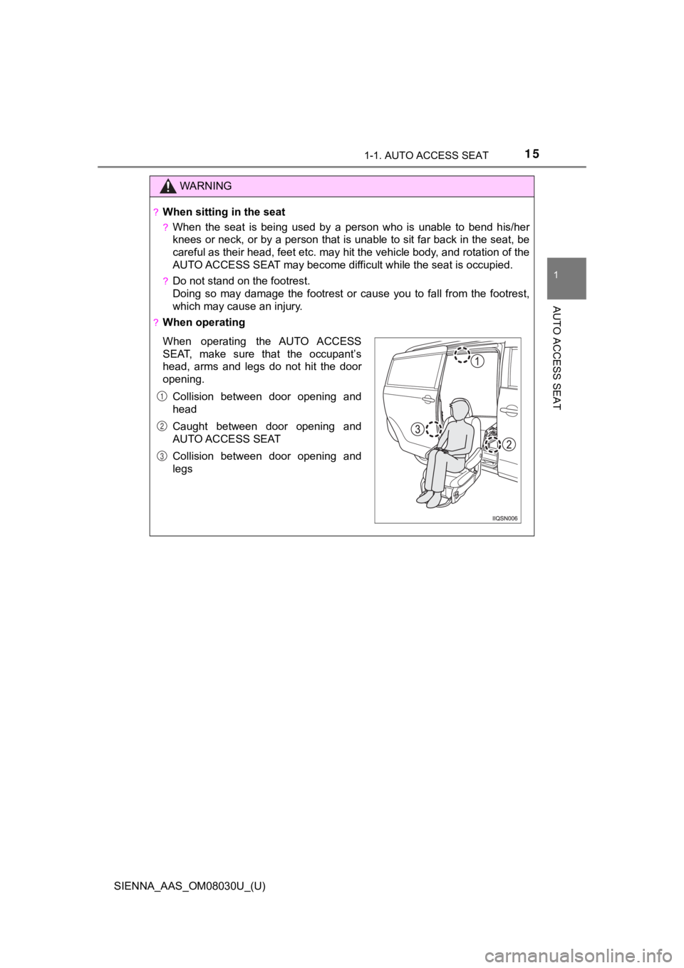 TOYOTA SIENNA 2019 (in English) User Guide 151-1. AUTO ACCESS SEAT
SIENNA_AAS_OM08030U_(U)
1
AUTO ACCESS SEAT
WARNING
?When sitting in the seat
?When the seat is being used by a person who is unable to bend his/her
knees or neck, TOYOTA SIENNA 2019 (in English) User Guide 151-1. AUTO ACCESS SEAT
SIENNA_AAS_OM08030U_(U)
1
AUTO ACCESS SEAT
WARNING
?When sitting in the seat
?When the seat is being used by a person who is unable to bend his/her
knees or neck,