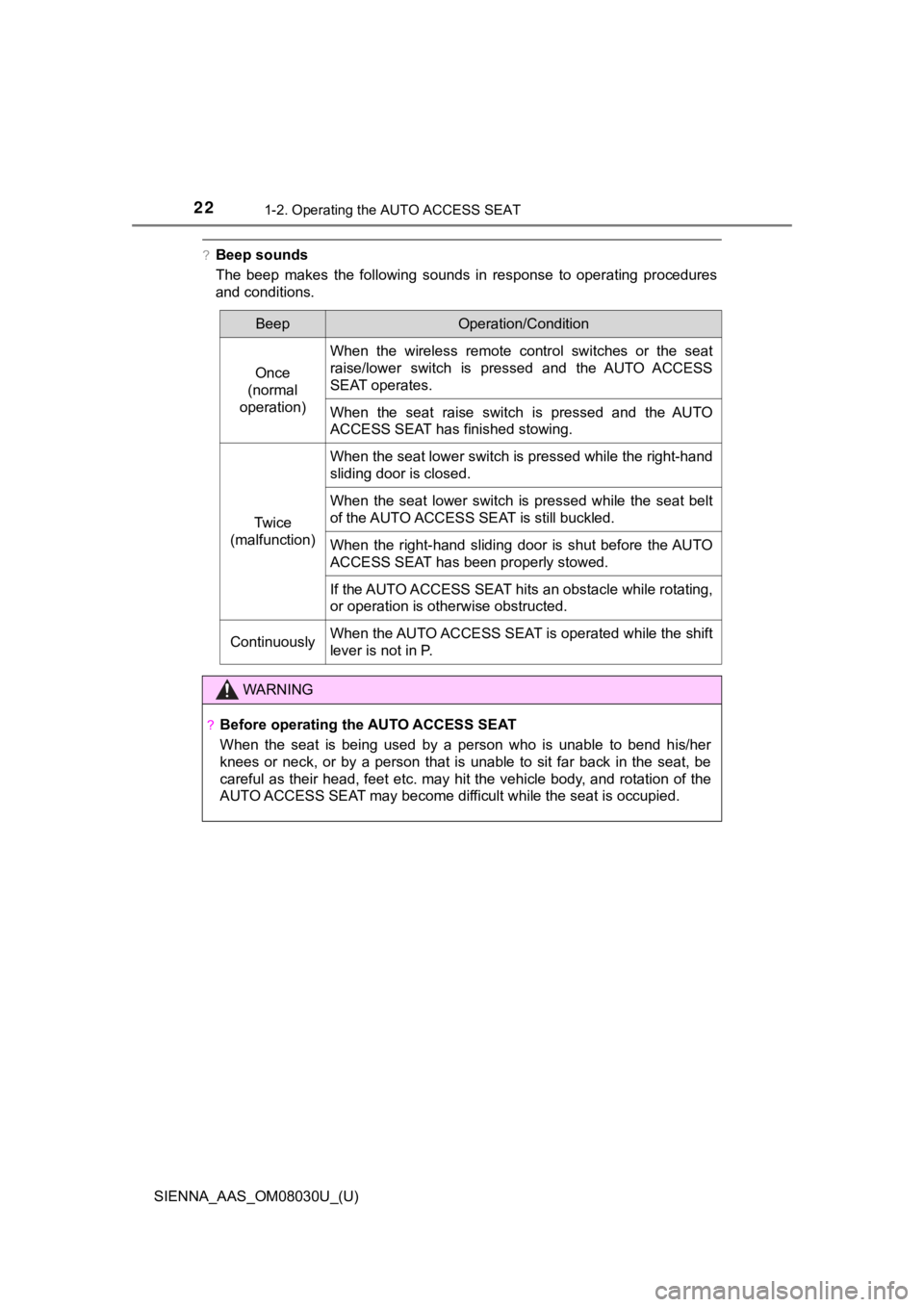 TOYOTA SIENNA 2019 (in English) Owners Manual 221-2. Operating the AUTO ACCESS SEAT
SIENNA_AAS_OM08030U_(U)
?Beep sounds
The beep makes the following sounds in response to operating procedures
and conditions.
BeepOperation/Condition
Onc TOYOTA SIENNA 2019 (in English) Owners Manual 221-2. Operating the AUTO ACCESS SEAT
SIENNA_AAS_OM08030U_(U)
?Beep sounds
The beep makes the following sounds in response to operating procedures
and conditions.
BeepOperation/Condition
Onc