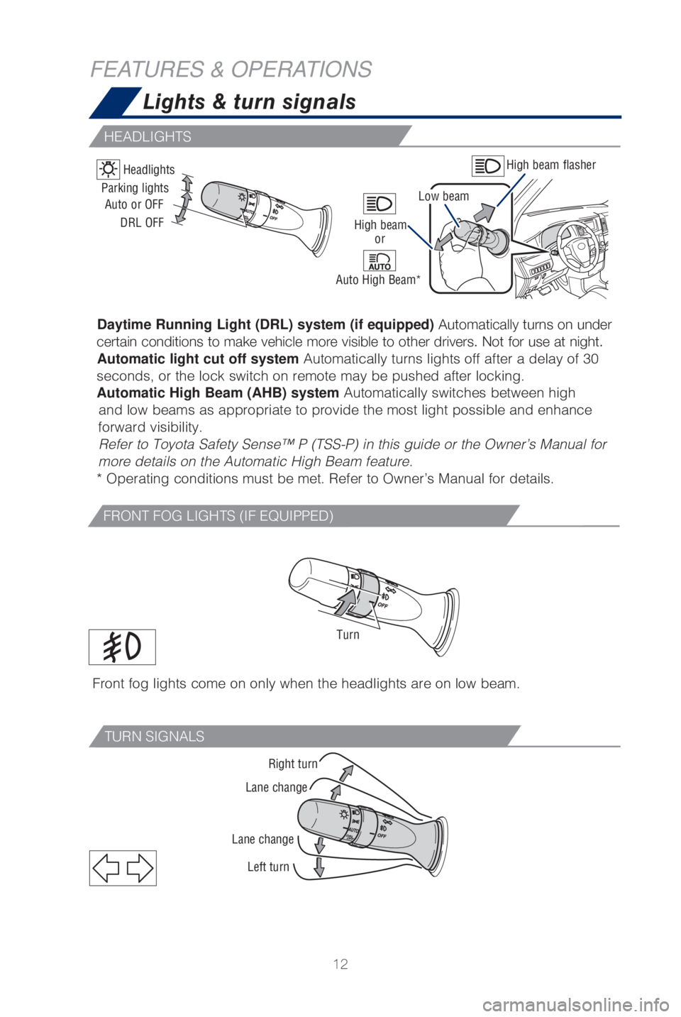 TOYOTA SIENNA 2019 (in English) User Guide 12
Right turn
Lane change
Lane change Left turn
TURN SIGNALS
FEATURES & OPERATIONS Lights & turn signals
High beam flasher
Low beam
Headlights
Daytime Running Light (DRL) system (if equipped)
Automat TOYOTA SIENNA 2019 (in English) User Guide 12
Right turn
Lane change
Lane change Left turn
TURN SIGNALS
FEATURES & OPERATIONS Lights & turn signals
High beam flasher
Low beam
Headlights
Daytime Running Light (DRL) system (if equipped)
Automat