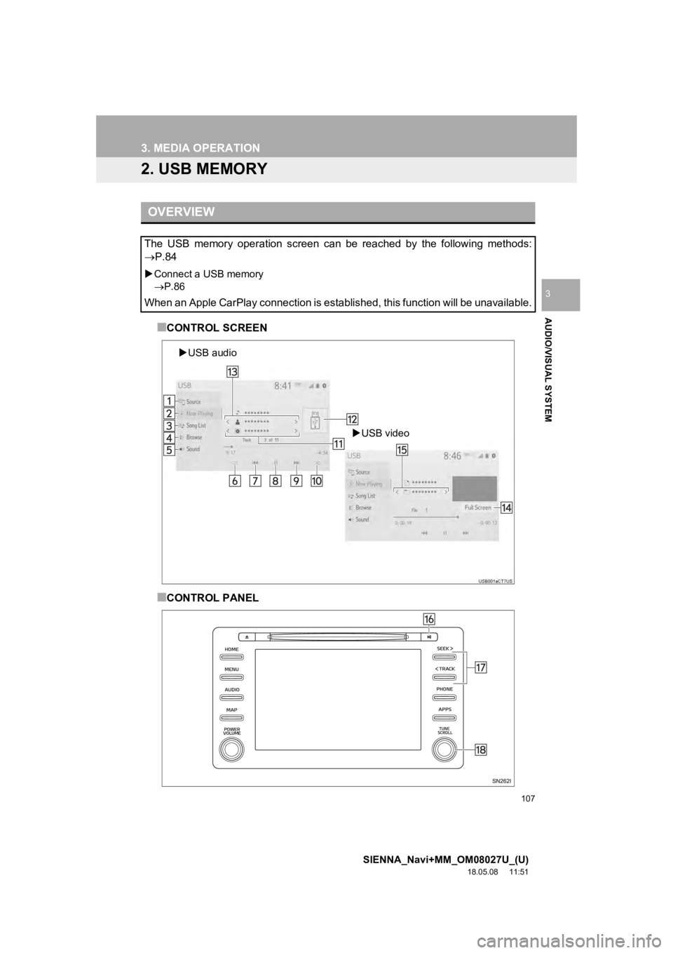 TOYOTA SIENNA 2019 Accessories, Audio & Navigation (in English) 107
3. MEDIA OPERATION
SIENNA_Navi+MM_OM08027U_(U)
18.05.08 11:51
AUDIO/VISUAL SYSTEM
3
2. USB MEMORY
■CONTROL SCREEN
■CONTROL PANEL
OVERVIEW
The USB memory operation screen can be reac TOYOTA SIENNA 2019 Accessories, Audio & Navigation (in English) 107
3. MEDIA OPERATION
SIENNA_Navi+MM_OM08027U_(U)
18.05.08 11:51
AUDIO/VISUAL SYSTEM
3
2. USB MEMORY
■CONTROL SCREEN
■CONTROL PANEL
OVERVIEW
The USB memory operation screen can be reac