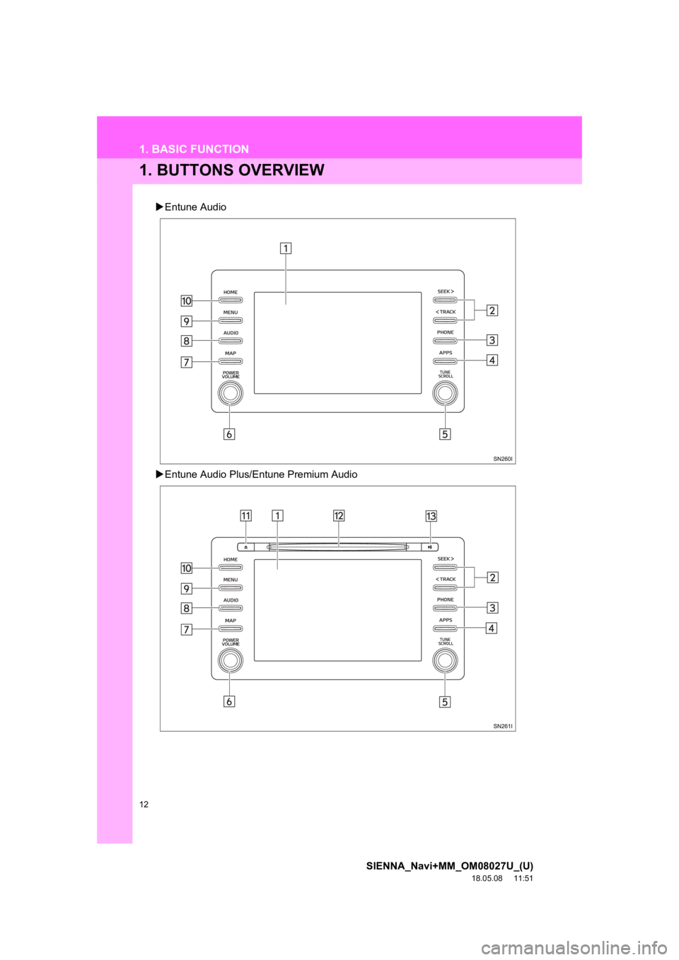 TOYOTA SIENNA 2019 Accessories, Audio & Navigation (in English) 12
SIENNA_Navi+MM_OM08027U_(U)
18.05.08 11:51
1. BASIC FUNCTION
1. BUTTONS OVERVIEW
Entune Audio
Entune Audio Plus/E ntune Premium Audio TOYOTA SIENNA 2019 Accessories, Audio & Navigation (in English) 12
SIENNA_Navi+MM_OM08027U_(U)
18.05.08 11:51
1. BASIC FUNCTION
1. BUTTONS OVERVIEW
Entune Audio
Entune Audio Plus/E ntune Premium Audio