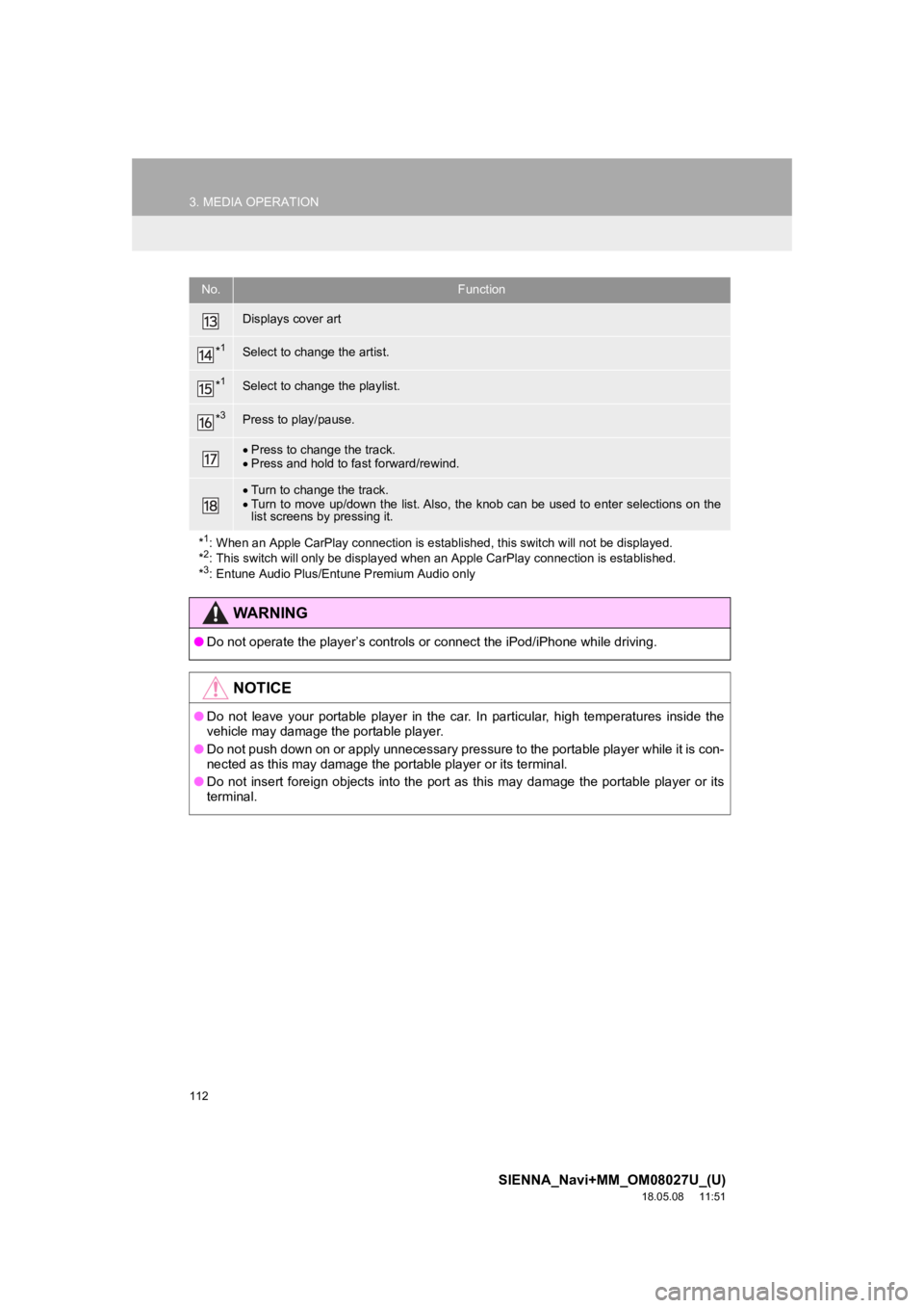 TOYOTA SIENNA 2019 Accessories, Audio & Navigation (in English) 112
3. MEDIA OPERATION
SIENNA_Navi+MM_OM08027U_(U)
18.05.08 11:51
Displays cover art
*1Select to change the artist.
*1Select to change the playlist.
*3Press to play/pause.
Press to change the t TOYOTA SIENNA 2019 Accessories, Audio & Navigation (in English) 112
3. MEDIA OPERATION
SIENNA_Navi+MM_OM08027U_(U)
18.05.08 11:51
Displays cover art
*1Select to change the artist.
*1Select to change the playlist.
*3Press to play/pause.
Press to change the t
