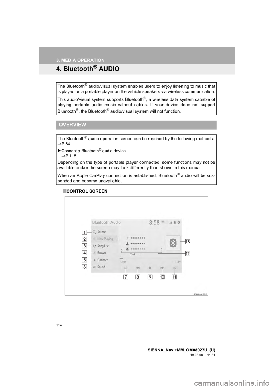 TOYOTA SIENNA 2019 Accessories, Audio & Navigation (in English) 114
3. MEDIA OPERATION
SIENNA_Navi+MM_OM08027U_(U)
18.05.08 11:51
4. Bluetooth® AUDIO
■CONTROL SCREEN
The Bluetooth
® audio/visual system enables users to enjoy listening to music
that
is pla TOYOTA SIENNA 2019 Accessories, Audio & Navigation (in English) 114
3. MEDIA OPERATION
SIENNA_Navi+MM_OM08027U_(U)
18.05.08 11:51
4. Bluetooth® AUDIO
■CONTROL SCREEN
The Bluetooth
® audio/visual system enables users to enjoy listening to music
that
is pla