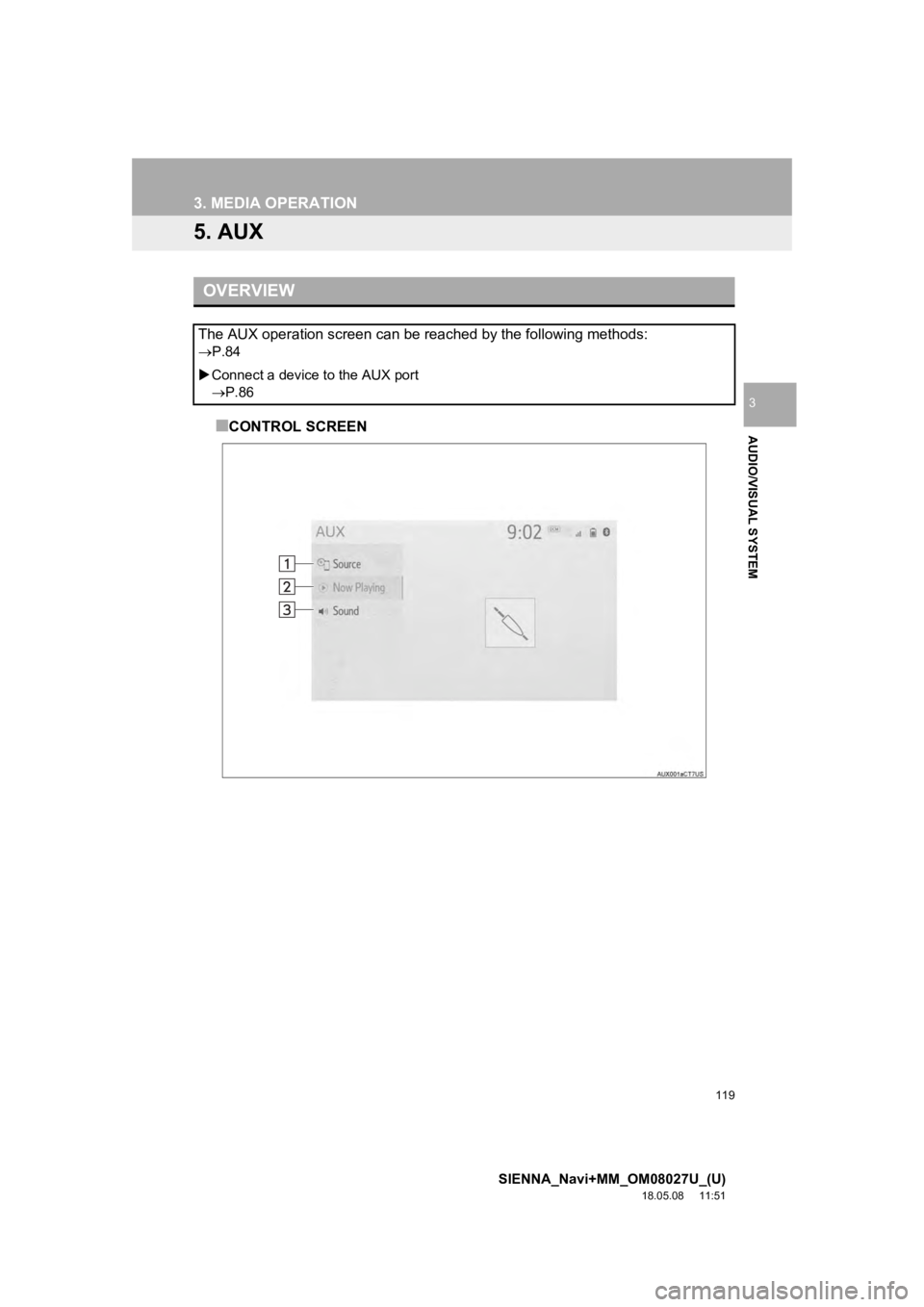 TOYOTA SIENNA 2019 Accessories, Audio & Navigation (in English) 119
3. MEDIA OPERATION
SIENNA_Navi+MM_OM08027U_(U)
18.05.08 11:51
AUDIO/VISUAL SYSTEM
3
5. AUX
■CONTROL SCREEN
OVERVIEW
The AUX operation screen can be reached by the following methods:
P.84 TOYOTA SIENNA 2019 Accessories, Audio & Navigation (in English) 119
3. MEDIA OPERATION
SIENNA_Navi+MM_OM08027U_(U)
18.05.08 11:51
AUDIO/VISUAL SYSTEM
3
5. AUX
■CONTROL SCREEN
OVERVIEW
The AUX operation screen can be reached by the following methods:
P.84
