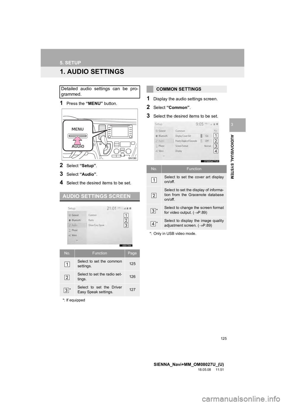 TOYOTA SIENNA 2019 Accessories, Audio & Navigation (in English) 125
SIENNA_Navi+MM_OM08027U_(U)
18.05.08 11:51
AUDIO/VISUAL SYSTEM
3
5. SETUP
1. AUDIO SETTINGS
1Press the “MENU” button.
2Select “Setup” .
3Select “Audio” .
4Select the desired items TOYOTA SIENNA 2019 Accessories, Audio & Navigation (in English) 125
SIENNA_Navi+MM_OM08027U_(U)
18.05.08 11:51
AUDIO/VISUAL SYSTEM
3
5. SETUP
1. AUDIO SETTINGS
1Press the “MENU” button.
2Select “Setup” .
3Select “Audio” .
4Select the desired items