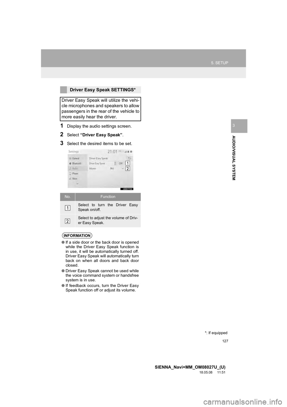 TOYOTA SIENNA 2019 Accessories, Audio & Navigation (in English) 127
5. SETUP
SIENNA_Navi+MM_OM08027U_(U)
18.05.08 11:51
AUDIO/VISUAL SYSTEM
31Display the audio settings screen.
2Select “Driver Easy Speak” .
3Select the desired items to be set.
Driver Easy TOYOTA SIENNA 2019 Accessories, Audio & Navigation (in English) 127
5. SETUP
SIENNA_Navi+MM_OM08027U_(U)
18.05.08 11:51
AUDIO/VISUAL SYSTEM
31Display the audio settings screen.
2Select “Driver Easy Speak” .
3Select the desired items to be set.
Driver Easy