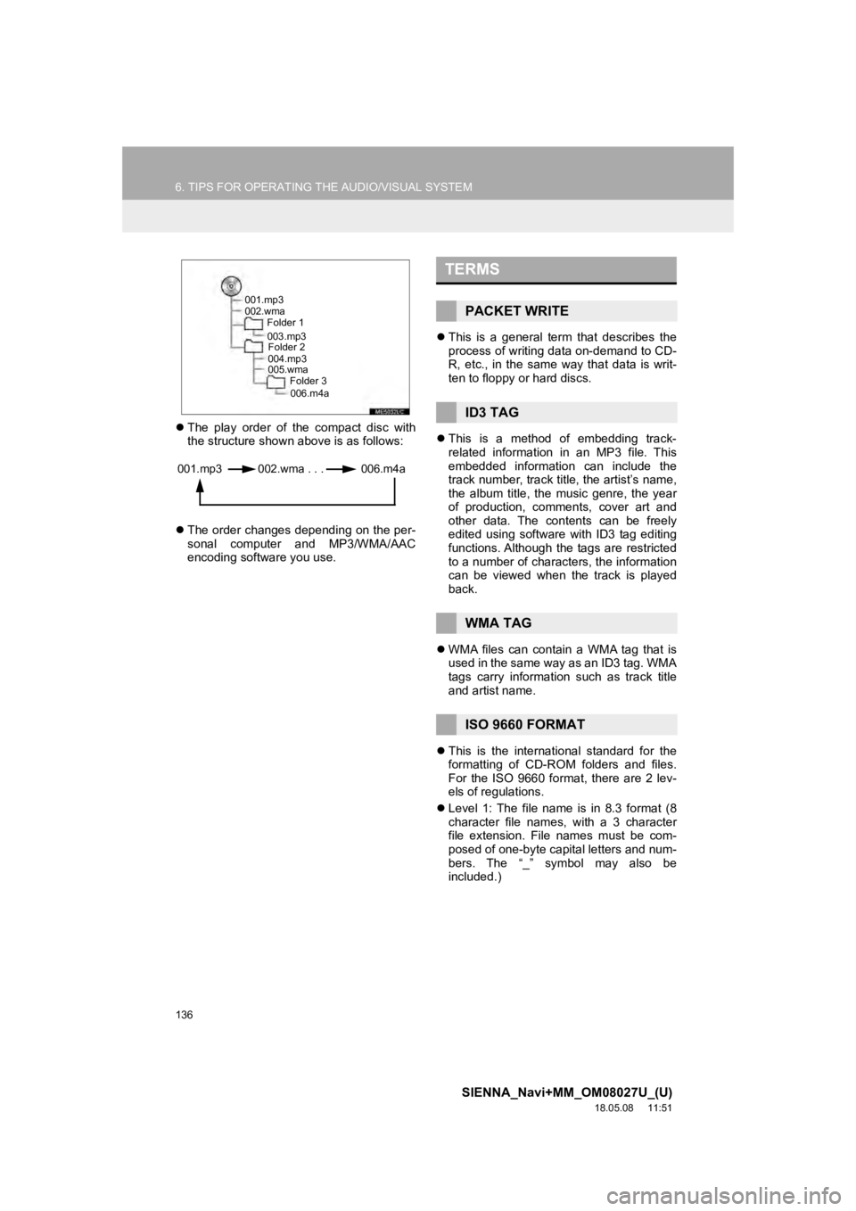 TOYOTA SIENNA 2019 Accessories, Audio & Navigation (in English) 136
6. TIPS FOR OPERATING THE AUDIO/VISUAL SYSTEM
SIENNA_Navi+MM_OM08027U_(U)
18.05.08 11:51
The play order of the compact disc with
the structure shown above is as follows:
The orde TOYOTA SIENNA 2019 Accessories, Audio & Navigation (in English) 136
6. TIPS FOR OPERATING THE AUDIO/VISUAL SYSTEM
SIENNA_Navi+MM_OM08027U_(U)
18.05.08 11:51
The play order of the compact disc with
the structure shown above is as follows:
The orde