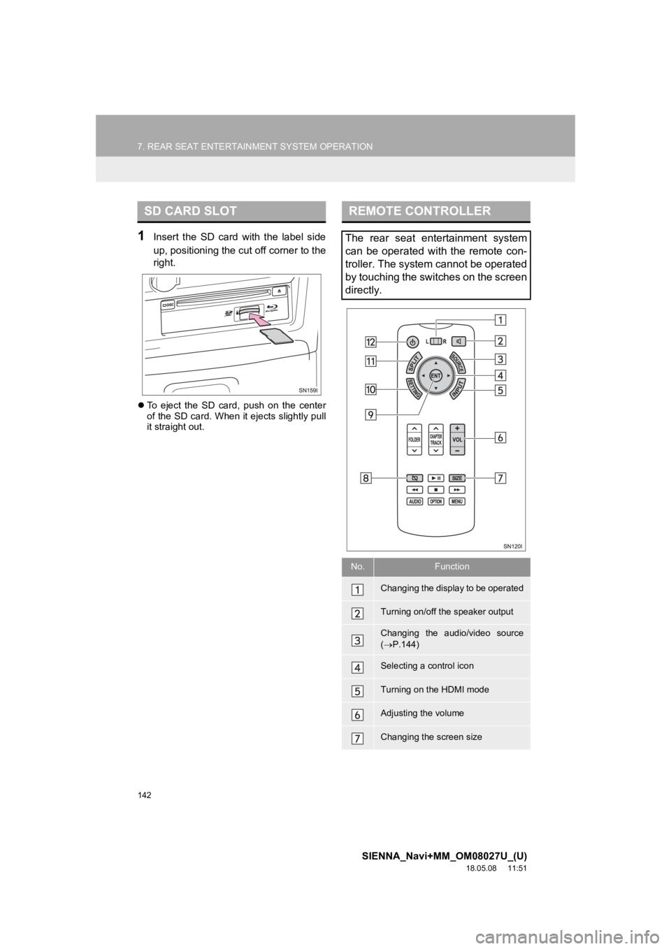 TOYOTA SIENNA 2019 Accessories, Audio & Navigation (in English) 142
7. REAR SEAT ENTERTAINMENT SYSTEM OPERATION
SIENNA_Navi+MM_OM08027U_(U)
18.05.08 11:51
1Insert the SD card with the label side
up, positioning the cut off corner to the
right.
To e TOYOTA SIENNA 2019 Accessories, Audio & Navigation (in English) 142
7. REAR SEAT ENTERTAINMENT SYSTEM OPERATION
SIENNA_Navi+MM_OM08027U_(U)
18.05.08 11:51
1Insert the SD card with the label side
up, positioning the cut off corner to the
right.
To e
