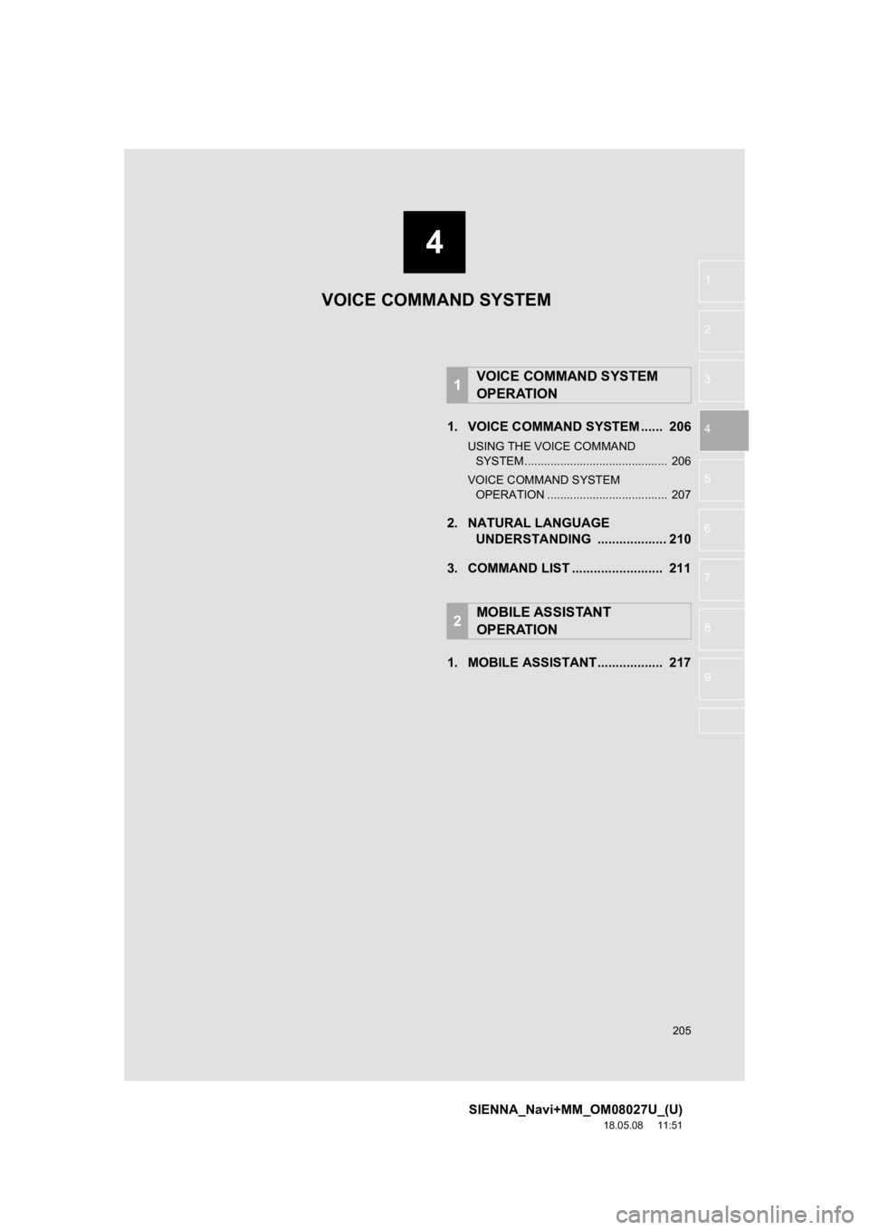 TOYOTA SIENNA 2019 Accessories, Audio & Navigation (in English) 4
205
SIENNA_Navi+MM_OM08027U_(U)
18.05.08 11:51
1
2
3
4
5
6
7
8
9
1. VOICE COMMAND SYSTEM ...... 206
USING THE VOICE COMMAND SYSTEM ............................................ 206
VOICE COMMA TOYOTA SIENNA 2019 Accessories, Audio & Navigation (in English) 4
205
SIENNA_Navi+MM_OM08027U_(U)
18.05.08 11:51
1
2
3
4
5
6
7
8
9
1. VOICE COMMAND SYSTEM ...... 206
USING THE VOICE COMMAND SYSTEM ............................................ 206
VOICE COMMA