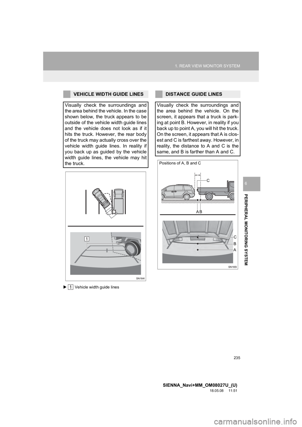TOYOTA SIENNA 2019 Accessories, Audio & Navigation (in English) 235
1. REAR VIEW MONITOR SYSTEM
SIENNA_Navi+MM_OM08027U_(U)
18.05.08 11:51
PERIPHERAL MONITORING SYSTEM
6
Vehicle width guide lines
VEHICLE WIDTH GUIDE LINES
Visually check the surroundings TOYOTA SIENNA 2019 Accessories, Audio & Navigation (in English) 235
1. REAR VIEW MONITOR SYSTEM
SIENNA_Navi+MM_OM08027U_(U)
18.05.08 11:51
PERIPHERAL MONITORING SYSTEM
6
Vehicle width guide lines
VEHICLE WIDTH GUIDE LINES
Visually check the surroundings