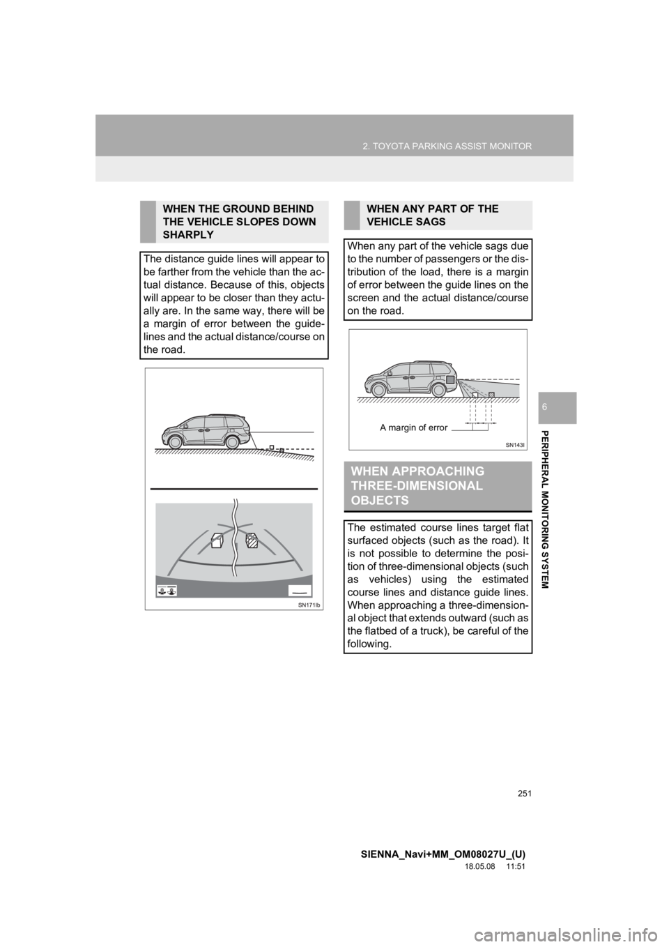 TOYOTA SIENNA 2019 Accessories, Audio & Navigation (in English) 251
2. TOYOTA PARKING ASSIST MONITOR
SIENNA_Navi+MM_OM08027U_(U)
18.05.08 11:51
PERIPHERAL MONITORING SYSTEM
6
WHEN THE GROUND BEHIND
THE VEHICLE SLOPES DOWN
SHARPLY
The distance guide lines wil TOYOTA SIENNA 2019 Accessories, Audio & Navigation (in English) 251
2. TOYOTA PARKING ASSIST MONITOR
SIENNA_Navi+MM_OM08027U_(U)
18.05.08 11:51
PERIPHERAL MONITORING SYSTEM
6
WHEN THE GROUND BEHIND
THE VEHICLE SLOPES DOWN
SHARPLY
The distance guide lines wil