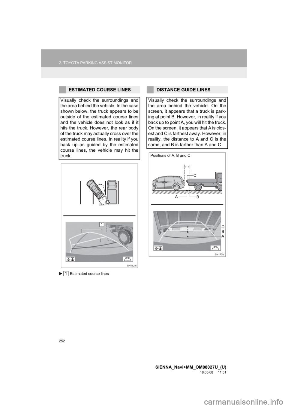 TOYOTA SIENNA 2019 Accessories, Audio & Navigation (in English) 252
2. TOYOTA PARKING ASSIST MONITOR
SIENNA_Navi+MM_OM08027U_(U)
18.05.08 11:51
Estimated course lines
ESTIMATED COURSE LINES
Visually check the surroundings and
the area behind the vehicle TOYOTA SIENNA 2019 Accessories, Audio & Navigation (in English) 252
2. TOYOTA PARKING ASSIST MONITOR
SIENNA_Navi+MM_OM08027U_(U)
18.05.08 11:51
Estimated course lines
ESTIMATED COURSE LINES
Visually check the surroundings and
the area behind the vehicle