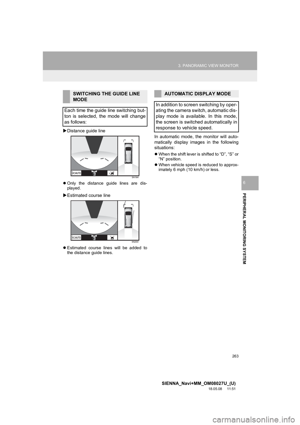 TOYOTA SIENNA 2019 Accessories, Audio & Navigation (in English) 263
3. PANORAMIC VIEW MONITOR
SIENNA_Navi+MM_OM08027U_(U)
18.05.08 11:51
PERIPHERAL MONITORING SYSTEM
6
Distance guide line
Only the distance guide lines are dis-
played.
Estimated TOYOTA SIENNA 2019 Accessories, Audio & Navigation (in English) 263
3. PANORAMIC VIEW MONITOR
SIENNA_Navi+MM_OM08027U_(U)
18.05.08 11:51
PERIPHERAL MONITORING SYSTEM
6
Distance guide line
Only the distance guide lines are dis-
played.
Estimated