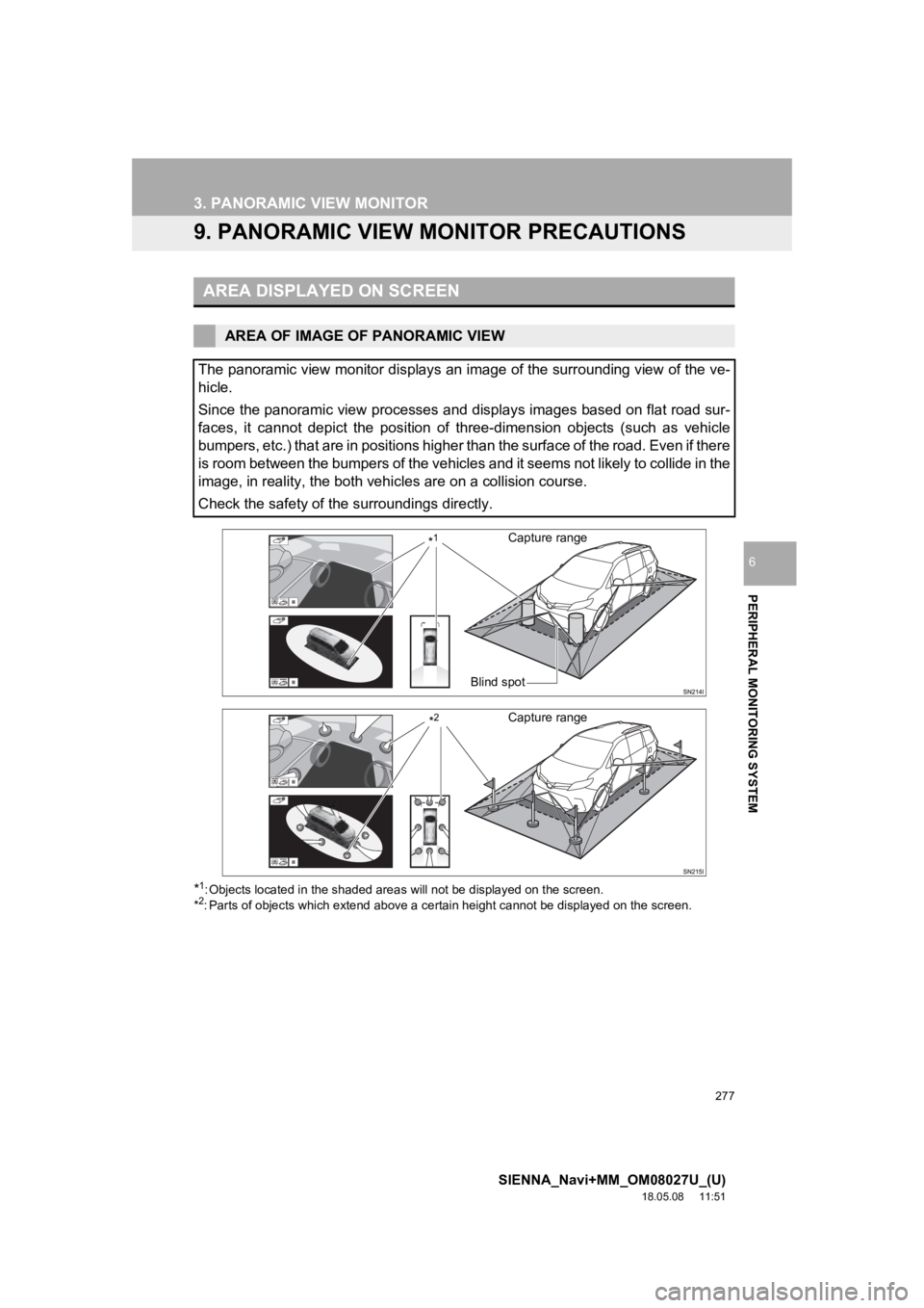 TOYOTA SIENNA 2019 Accessories, Audio & Navigation (in English) 277
3. PANORAMIC VIEW MONITOR
SIENNA_Navi+MM_OM08027U_(U)
18.05.08 11:51
PERIPHERAL MONITORING SYSTEM
6
9. PANORAMIC VIEW MONITOR PRECAUTIONS
*1: Objects located in the shaded areas will not be di TOYOTA SIENNA 2019 Accessories, Audio & Navigation (in English) 277
3. PANORAMIC VIEW MONITOR
SIENNA_Navi+MM_OM08027U_(U)
18.05.08 11:51
PERIPHERAL MONITORING SYSTEM
6
9. PANORAMIC VIEW MONITOR PRECAUTIONS
*1: Objects located in the shaded areas will not be di