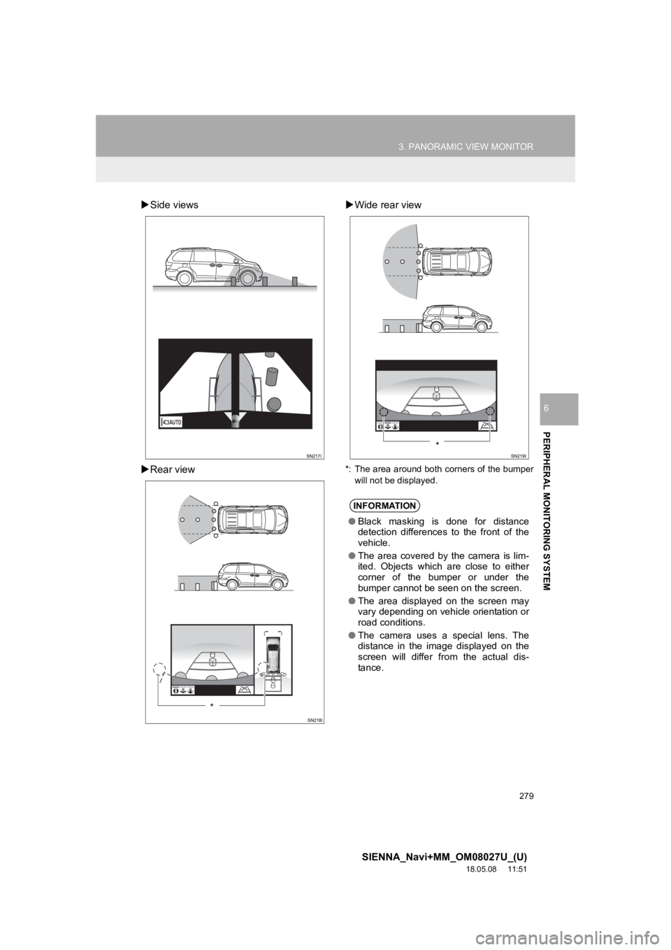 TOYOTA SIENNA 2019 Accessories, Audio & Navigation (in English) 279
3. PANORAMIC VIEW MONITOR
SIENNA_Navi+MM_OM08027U_(U)
18.05.08 11:51
PERIPHERAL MONITORING SYSTEM
6
Side views
Rear view
Wide rear view
*: The area around both corners of the bumper TOYOTA SIENNA 2019 Accessories, Audio & Navigation (in English) 279
3. PANORAMIC VIEW MONITOR
SIENNA_Navi+MM_OM08027U_(U)
18.05.08 11:51
PERIPHERAL MONITORING SYSTEM
6
Side views
Rear view
Wide rear view
*: The area around both corners of the bumper