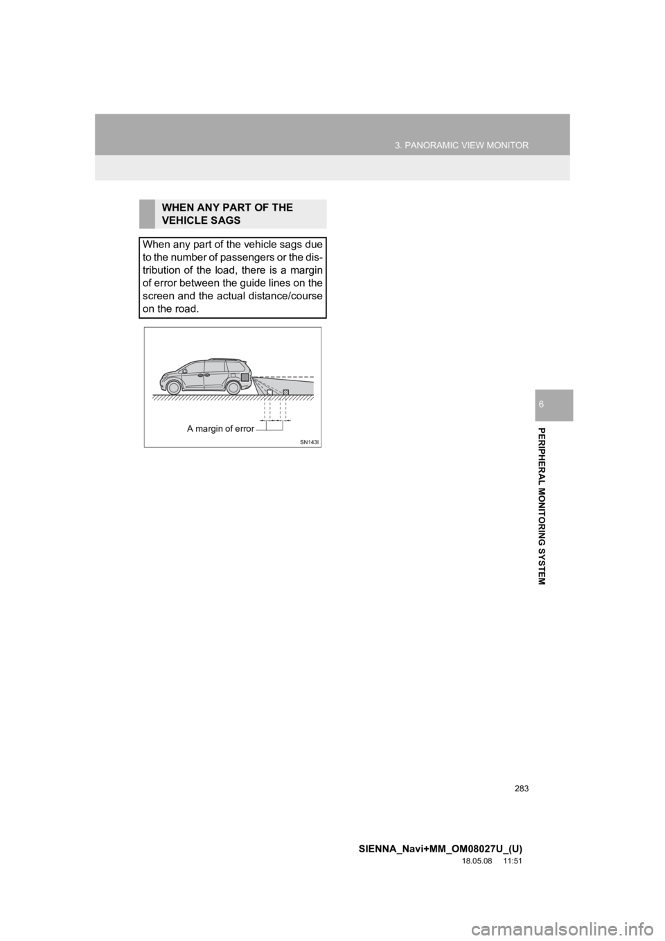 TOYOTA SIENNA 2019 Accessories, Audio & Navigation (in English) 283
3. PANORAMIC VIEW MONITOR
SIENNA_Navi+MM_OM08027U_(U)
18.05.08 11:51
PERIPHERAL MONITORING SYSTEM
6
WHEN ANY PART OF THE
VEHICLE SAGS
When any part of the vehicle sags due
to the number of pa TOYOTA SIENNA 2019 Accessories, Audio & Navigation (in English) 283
3. PANORAMIC VIEW MONITOR
SIENNA_Navi+MM_OM08027U_(U)
18.05.08 11:51
PERIPHERAL MONITORING SYSTEM
6
WHEN ANY PART OF THE
VEHICLE SAGS
When any part of the vehicle sags due
to the number of pa