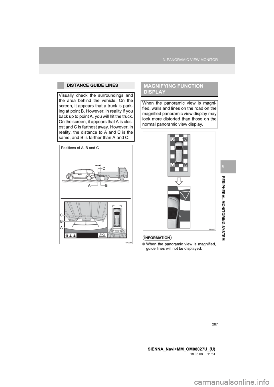 TOYOTA SIENNA 2019 Accessories, Audio & Navigation (in English) 287
3. PANORAMIC VIEW MONITOR
SIENNA_Navi+MM_OM08027U_(U)
18.05.08 11:51
PERIPHERAL MONITORING SYSTEM
6
DISTANCE GUIDE LINES
Visually check the surroundings and
the area behind the vehicle TOYOTA SIENNA 2019 Accessories, Audio & Navigation (in English) 287
3. PANORAMIC VIEW MONITOR
SIENNA_Navi+MM_OM08027U_(U)
18.05.08 11:51
PERIPHERAL MONITORING SYSTEM
6
DISTANCE GUIDE LINES
Visually check the surroundings and
the area behind the vehicle