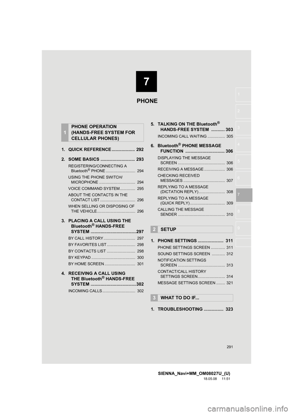 TOYOTA SIENNA 2019 Accessories, Audio & Navigation (in English) 7
291
SIENNA_Navi+MM_OM08027U_(U)
18.05.08 11:51
1
2
3
4
5
6
7
8
9
1. QUICK REFERENCE ................... 292
2. SOME BASICS ............................ 293
REGISTERING/CONNECTING A Bluetooth® TOYOTA SIENNA 2019 Accessories, Audio & Navigation (in English) 7
291
SIENNA_Navi+MM_OM08027U_(U)
18.05.08 11:51
1
2
3
4
5
6
7
8
9
1. QUICK REFERENCE ................... 292
2. SOME BASICS ............................ 293
REGISTERING/CONNECTING A Bluetooth®