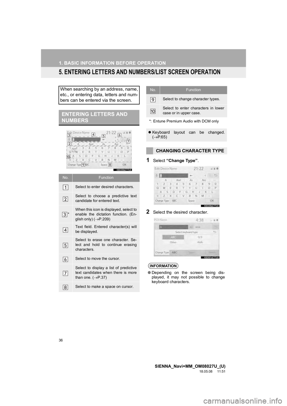 TOYOTA SIENNA 2019 Accessories, Audio & Navigation (in English) 36
1. BASIC INFORMATION BEFORE OPERATION
SIENNA_Navi+MM_OM08027U_(U)
18.05.08 11:51
5. ENTERING LETTERS AND NUMBERS/LIST SCREEN OPERATION
1Select “Change Type” .
2Select the desired character. TOYOTA SIENNA 2019 Accessories, Audio & Navigation (in English) 36
1. BASIC INFORMATION BEFORE OPERATION
SIENNA_Navi+MM_OM08027U_(U)
18.05.08 11:51
5. ENTERING LETTERS AND NUMBERS/LIST SCREEN OPERATION
1Select “Change Type” .
2Select the desired character.