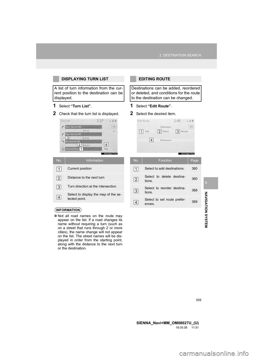 TOYOTA SIENNA 2019 Accessories, Audio & Navigation (in English) 359
2. DESTINATION SEARCH
SIENNA_Navi+MM_OM08027U_(U)
18.05.08 11:51
NAVIGATION SYSTEM
8
1Select “Turn List” .
2Check that the turn list is displayed.
1Select “Edit Route” .
2Select the de TOYOTA SIENNA 2019 Accessories, Audio & Navigation (in English) 359
2. DESTINATION SEARCH
SIENNA_Navi+MM_OM08027U_(U)
18.05.08 11:51
NAVIGATION SYSTEM
8
1Select “Turn List” .
2Check that the turn list is displayed.
1Select “Edit Route” .
2Select the de