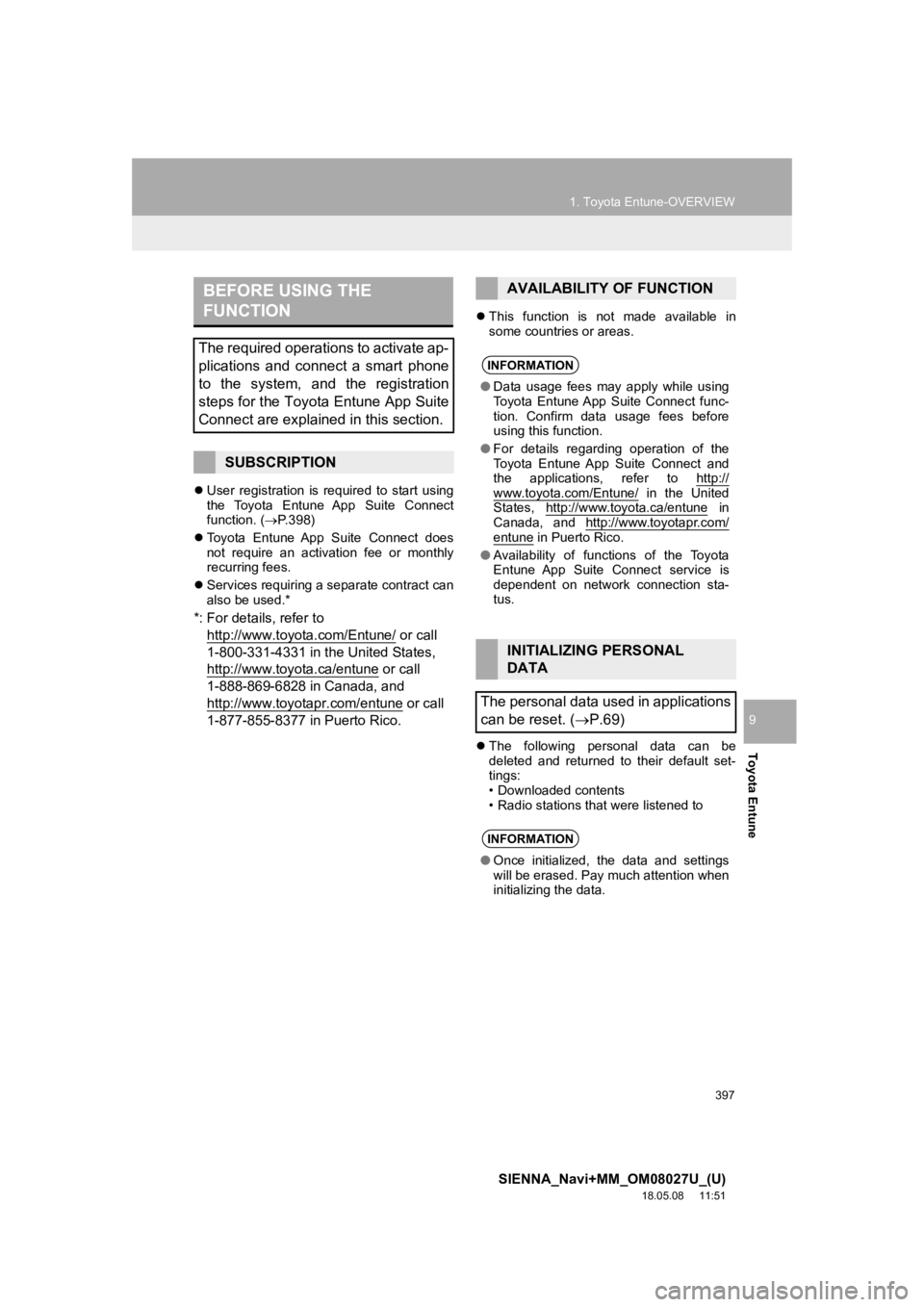 TOYOTA SIENNA 2019 Accessories, Audio & Navigation (in English) 397
1. Toyota Entune-OVERVIEW
SIENNA_Navi+MM_OM08027U_(U)
18.05.08 11:51
Toyota Entune
9
User registration is required to start using
the Toyota Entune App Suite Connect
function. ( TOYOTA SIENNA 2019 Accessories, Audio & Navigation (in English) 397
1. Toyota Entune-OVERVIEW
SIENNA_Navi+MM_OM08027U_(U)
18.05.08 11:51
Toyota Entune
9
User registration is required to start using
the Toyota Entune App Suite Connect
function. (