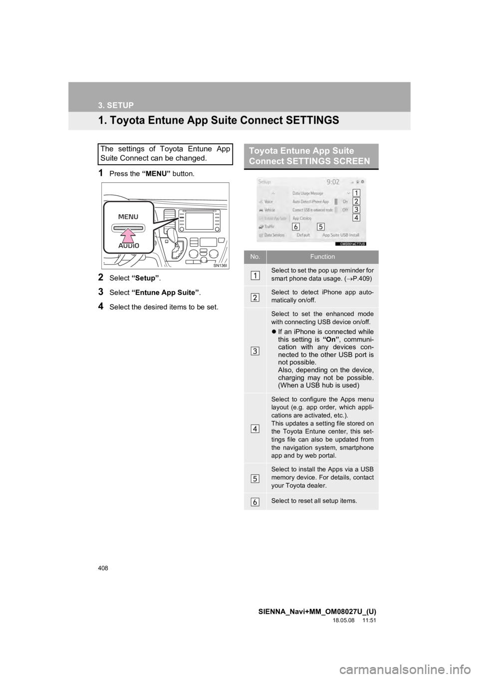 TOYOTA SIENNA 2019 Accessories, Audio & Navigation (in English) 408
SIENNA_Navi+MM_OM08027U_(U)
18.05.08 11:51
3. SETUP
1. Toyota Entune App Suite Connect SETTINGS
1Press the “MENU” button.
2Select “Setup” .
3Select “Entune App Suite” .
4Select the TOYOTA SIENNA 2019 Accessories, Audio & Navigation (in English) 408
SIENNA_Navi+MM_OM08027U_(U)
18.05.08 11:51
3. SETUP
1. Toyota Entune App Suite Connect SETTINGS
1Press the “MENU” button.
2Select “Setup” .
3Select “Entune App Suite” .
4Select the