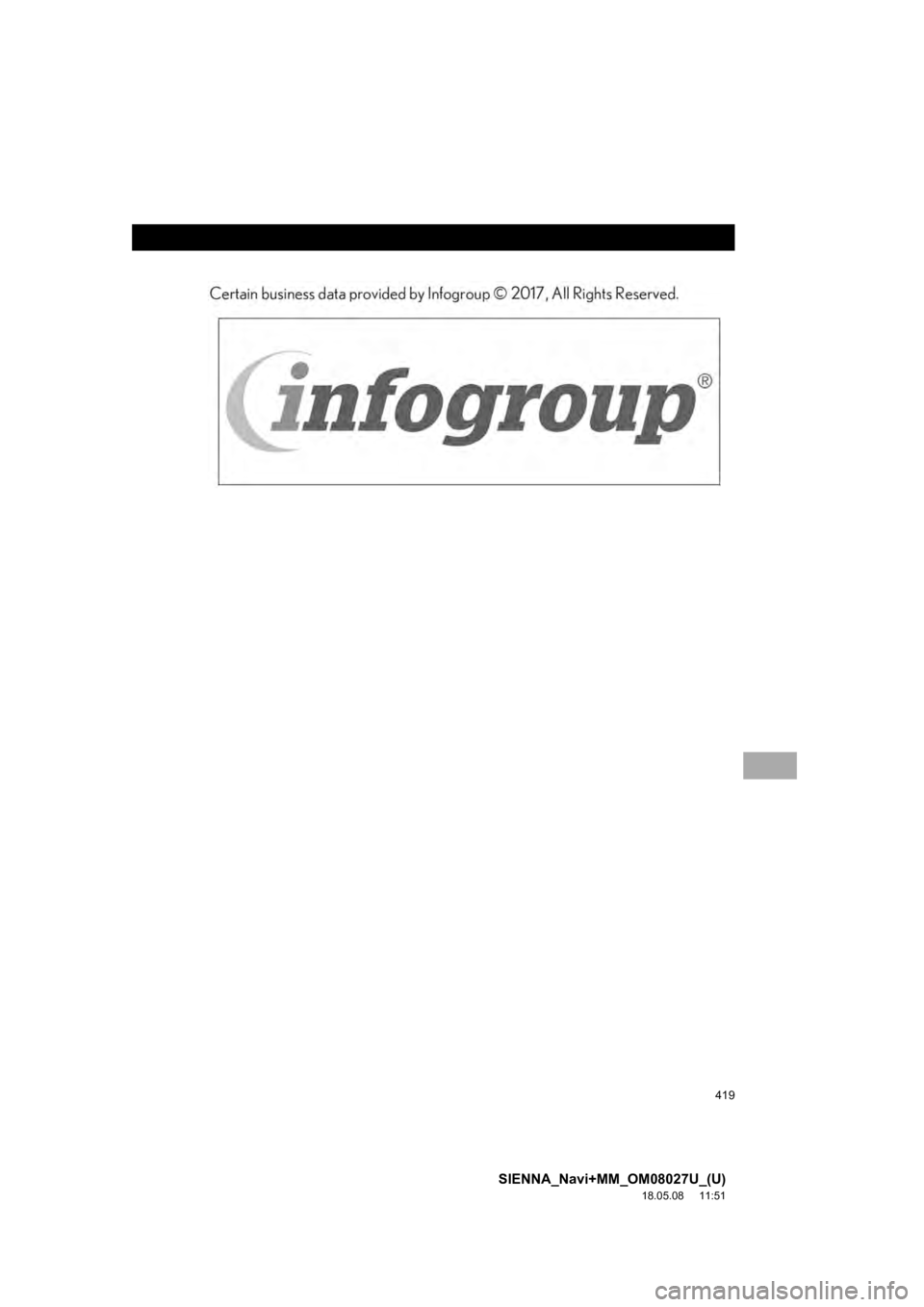 TOYOTA SIENNA 2019 Accessories, Audio & Navigation (in English) 419
SIENNA_Navi+MM_OM08027U_(U)
18.05.08 11:51 TOYOTA SIENNA 2019 Accessories, Audio & Navigation (in English) 419
SIENNA_Navi+MM_OM08027U_(U)
18.05.08 11:51