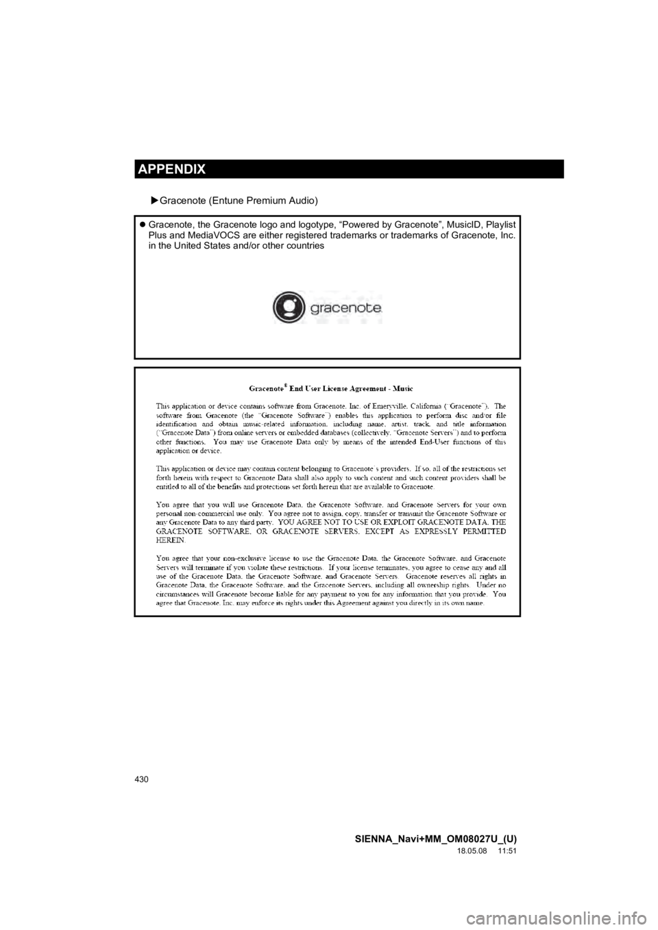 TOYOTA SIENNA 2019 Accessories, Audio & Navigation (in English) 430
SIENNA_Navi+MM_OM08027U_(U)
18.05.08 11:51
APPENDIX
Gracenote (Entune Premium Audio)
Gracenote, the Gracenote logo and logotype, “Powered by Graceno te”, MusicID, Playlist
Plus and TOYOTA SIENNA 2019 Accessories, Audio & Navigation (in English) 430
SIENNA_Navi+MM_OM08027U_(U)
18.05.08 11:51
APPENDIX
Gracenote (Entune Premium Audio)
Gracenote, the Gracenote logo and logotype, “Powered by Graceno te”, MusicID, Playlist
Plus and
