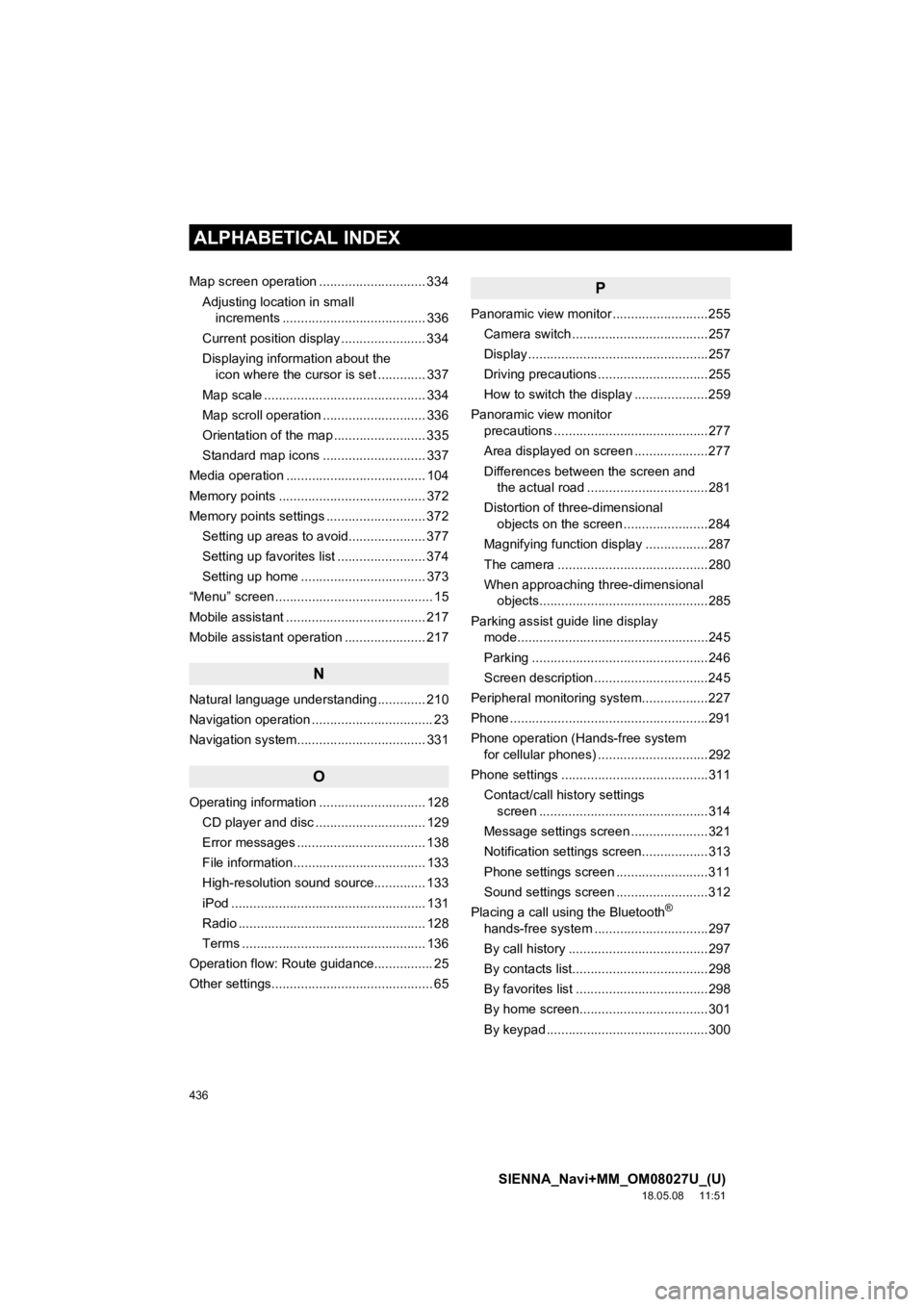 TOYOTA SIENNA 2019 Accessories, Audio & Navigation (in English) 436
ALPHABETICAL INDEX
SIENNA_Navi+MM_OM08027U_(U)
18.05.08 11:51
Map screen operation ............................. 334Adjusting location in small increments .................................... TOYOTA SIENNA 2019 Accessories, Audio & Navigation (in English) 436
ALPHABETICAL INDEX
SIENNA_Navi+MM_OM08027U_(U)
18.05.08 11:51
Map screen operation ............................. 334Adjusting location in small increments ....................................