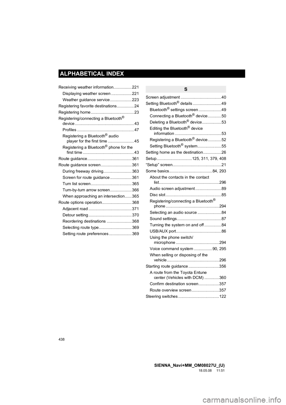 TOYOTA SIENNA 2019 Accessories, Audio & Navigation (in English) 438
ALPHABETICAL INDEX
SIENNA_Navi+MM_OM08027U_(U)
18.05.08 11:51
Receiving weather information................ 221Displaying weather screen .................. 221
Weather guidance service ....... TOYOTA SIENNA 2019 Accessories, Audio & Navigation (in English) 438
ALPHABETICAL INDEX
SIENNA_Navi+MM_OM08027U_(U)
18.05.08 11:51
Receiving weather information................ 221Displaying weather screen .................. 221
Weather guidance service .......
