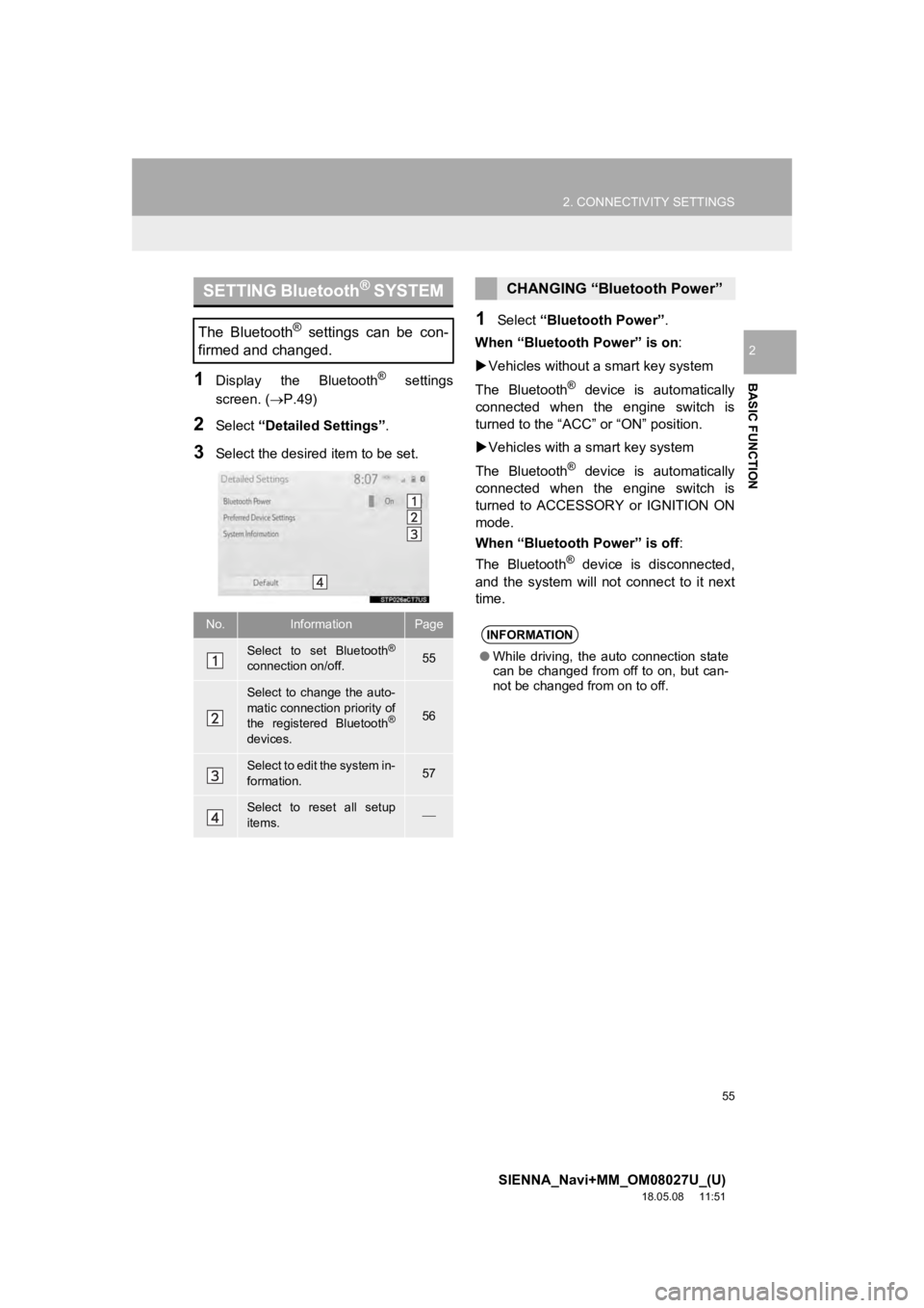 TOYOTA SIENNA 2019  Accessories, Audio & Navigation (in English) 55
2. CONNECTIVITY SETTINGS
SIENNA_Navi+MM_OM08027U_(U)
18.05.08     11:51
BASIC FUNCTION
2
1Display  the  Bluetooth®  settings
screen. ( P.49)
2Select “Detailed Settings” .
3Select the desire